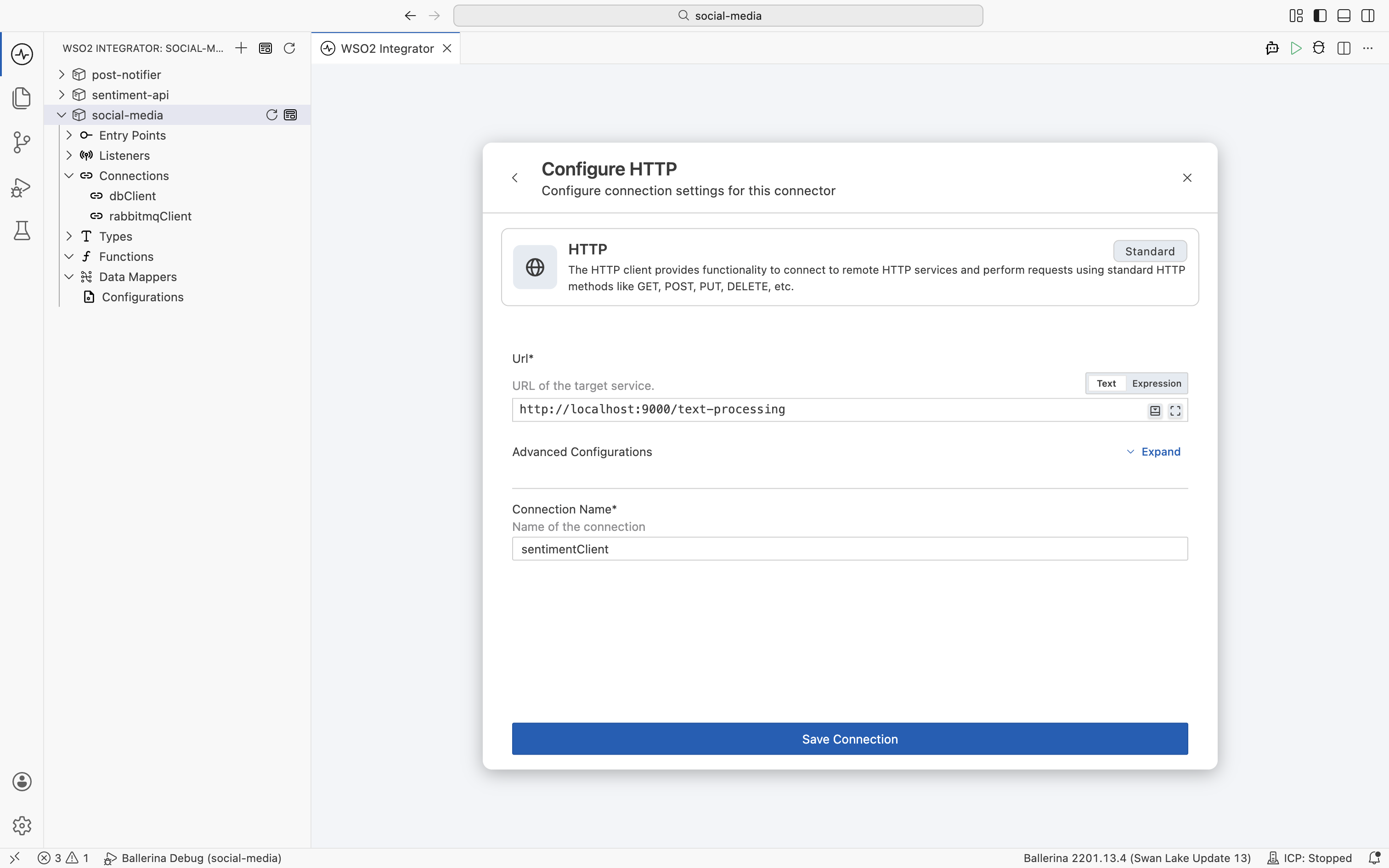Configuring the sentiment HTTP client connection pointing at the Sentiment API URL