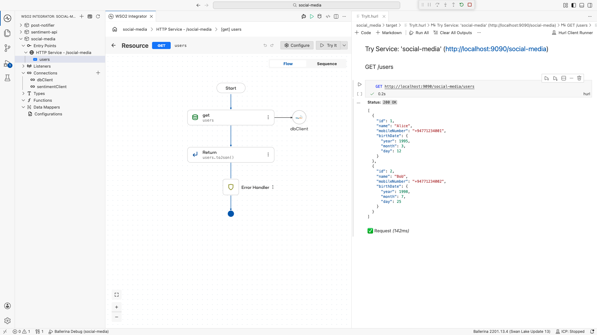 Testing the get users resource with the Try It tool, returning 200 OK and the seed users
