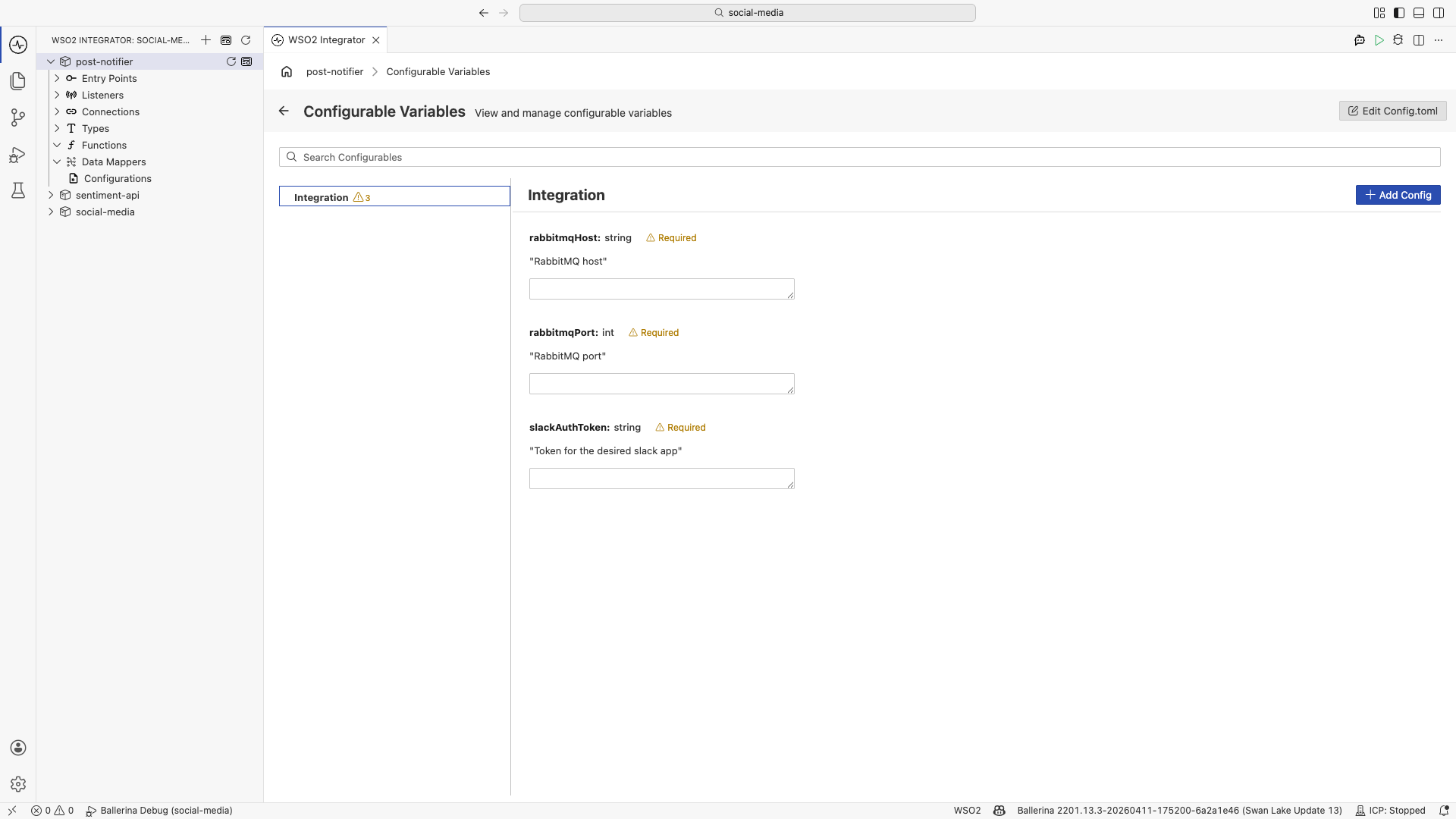 The three configurables: rabbitmqHost, rabbitmqPort, and slackAuthToken