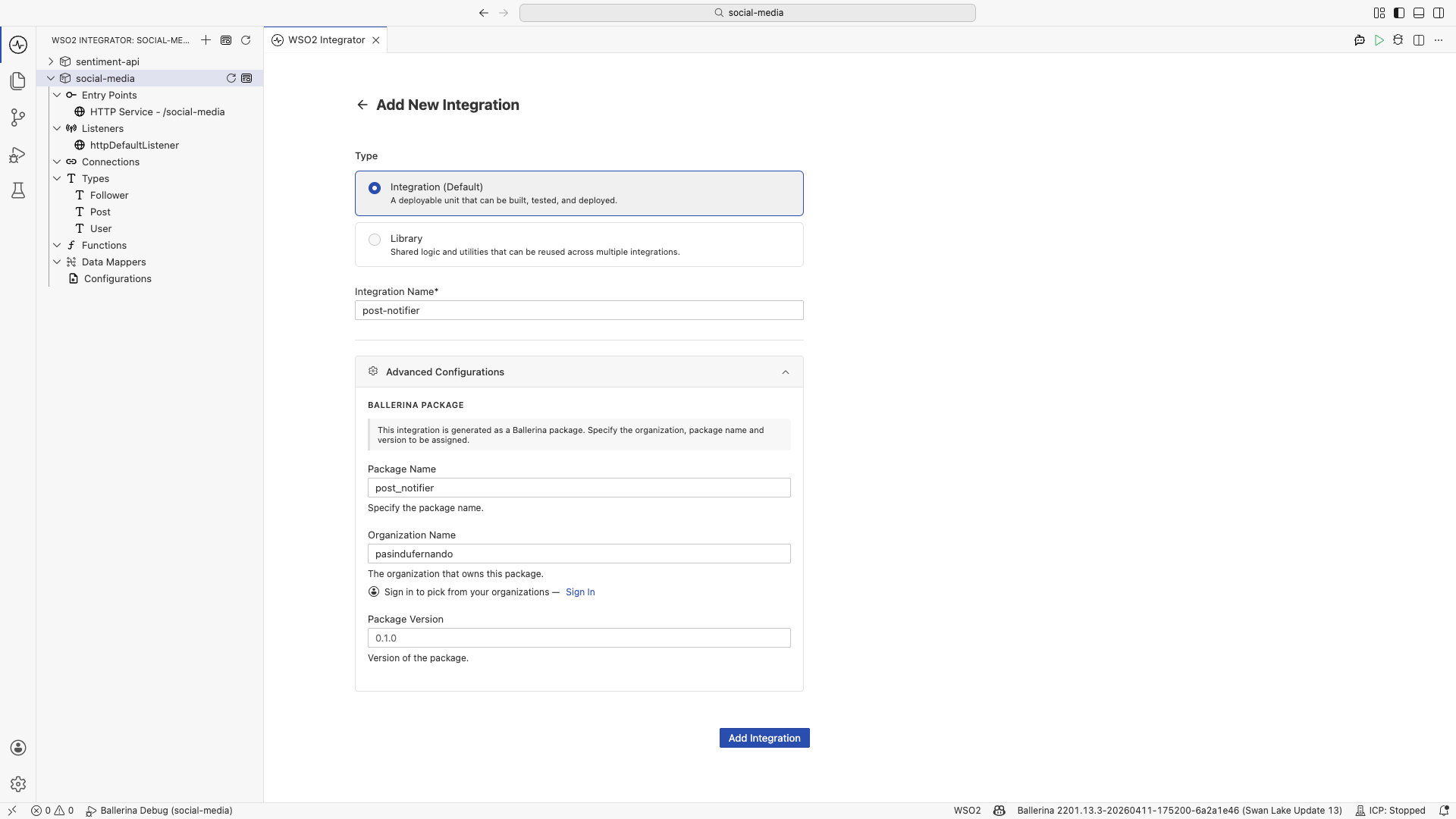 The Add New Integration form with the integration named post-notifier