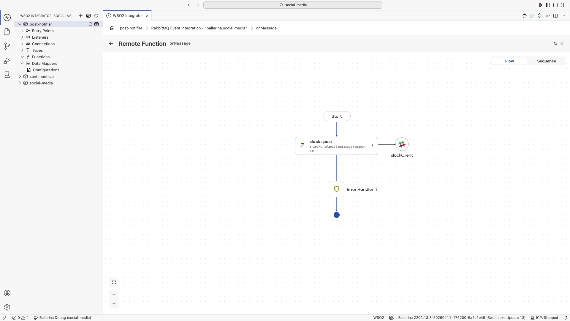 The onMessage flow: Start, the slack post node, and an Error Handler