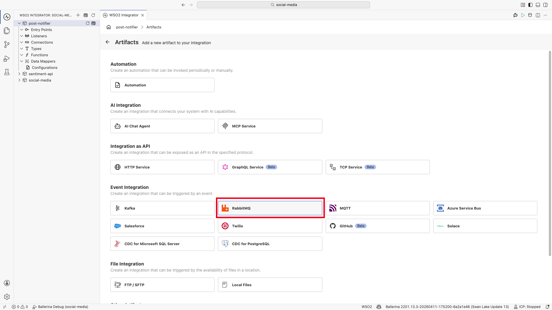 The artifact palette with RabbitMQ selected under Event Integration