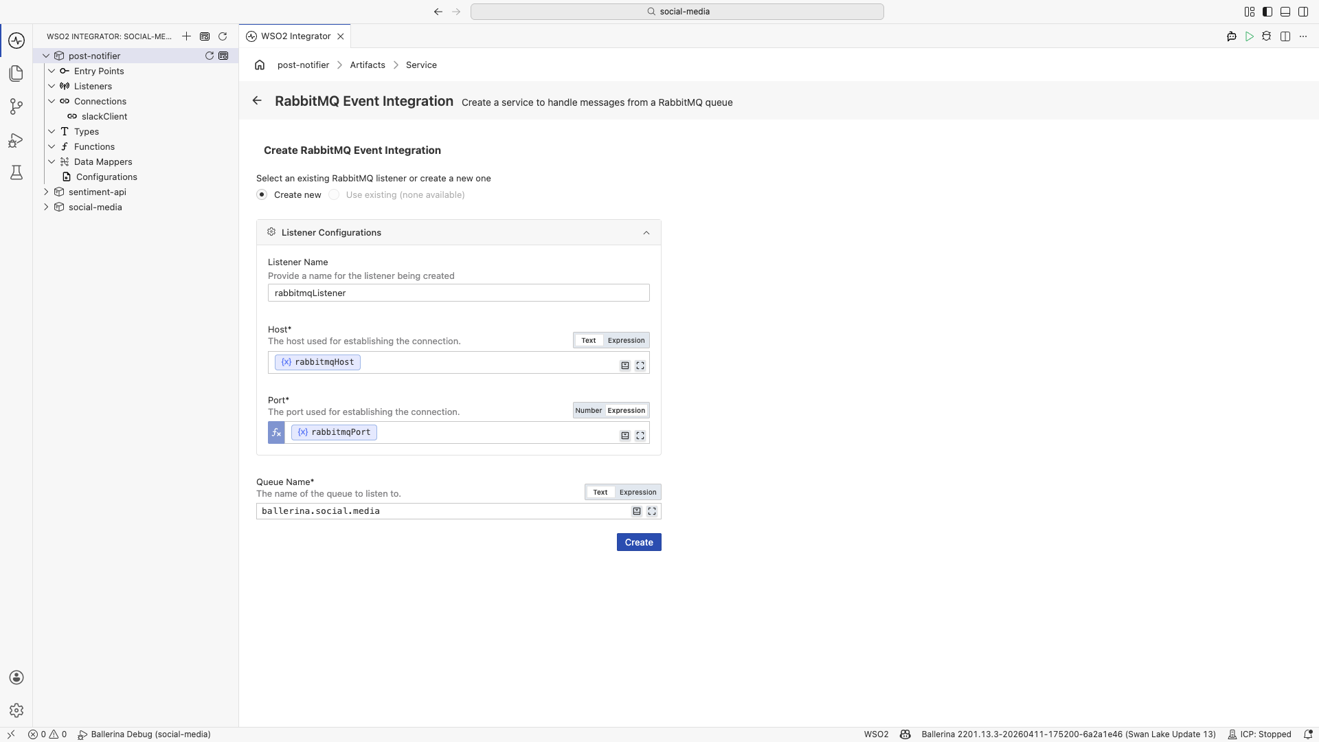 Configuring the RabbitMQ listener host, port, and the ballerina.social.media queue