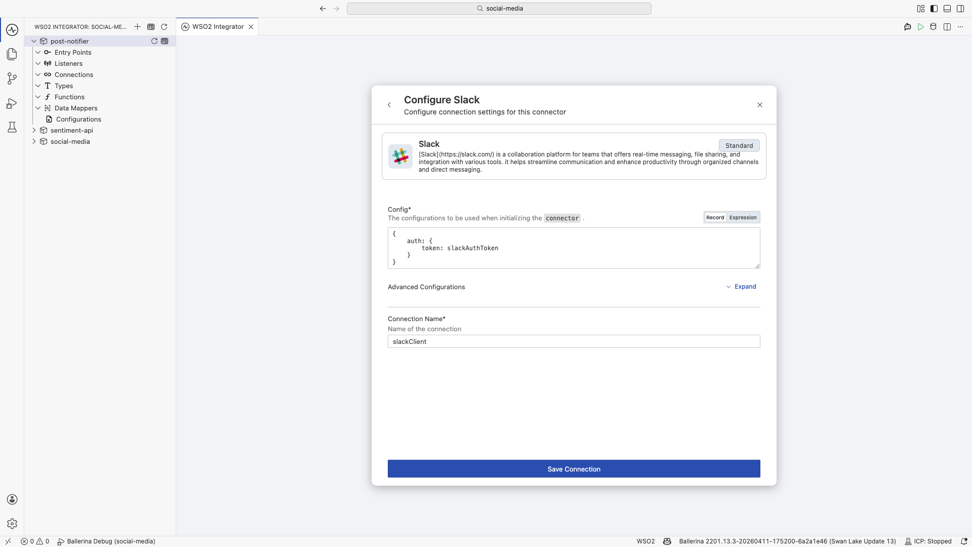 Configuring the Slack connection with auth token bound to slackAuthToken and named slackClient
