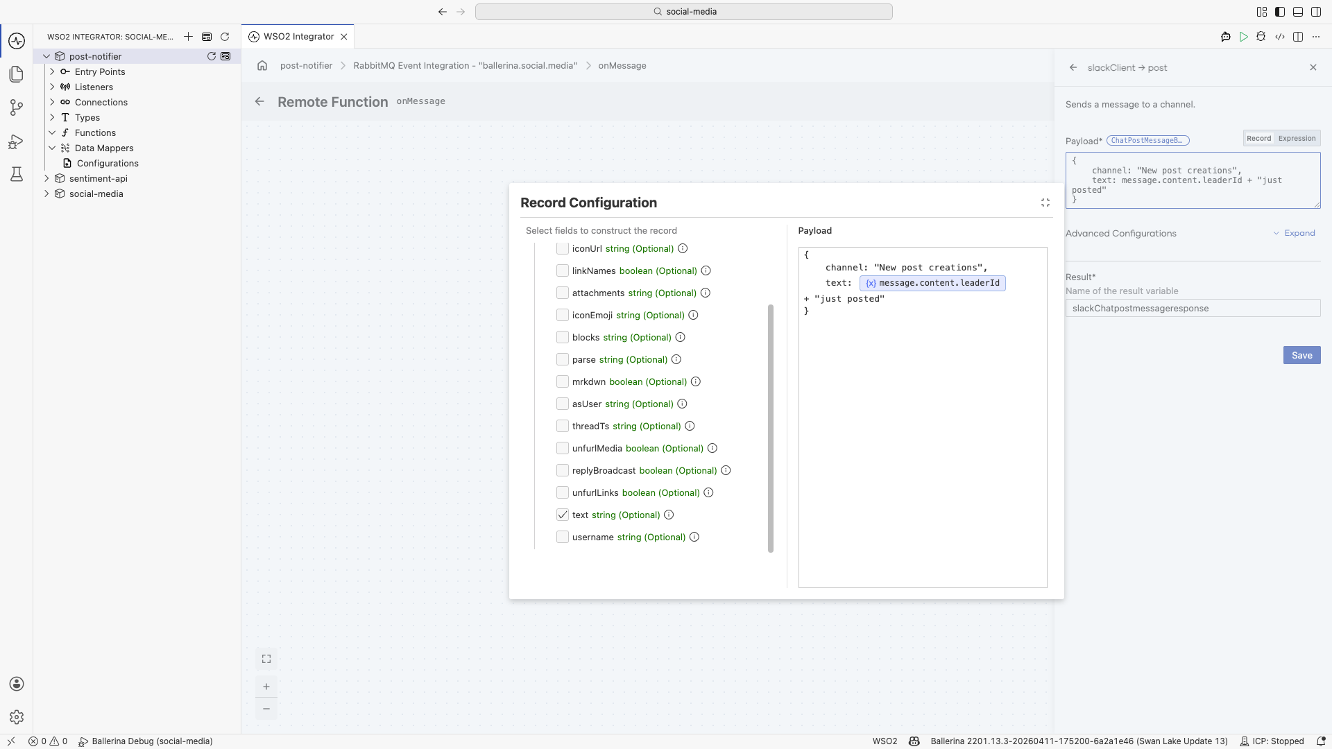 Configuring the Slack message with a channel and a text built from the leaderId
