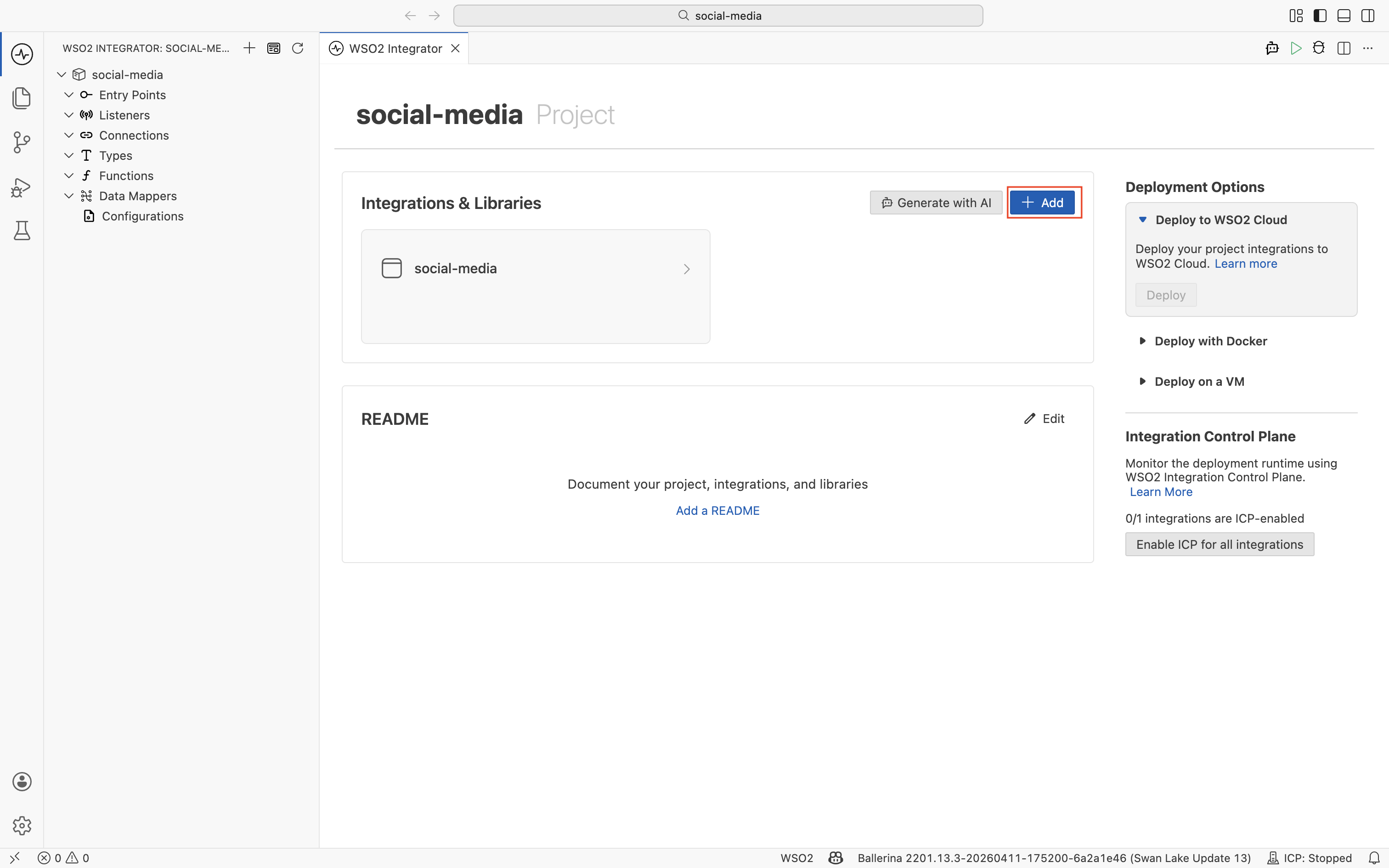 The social-media project view with the Add button highlighted
