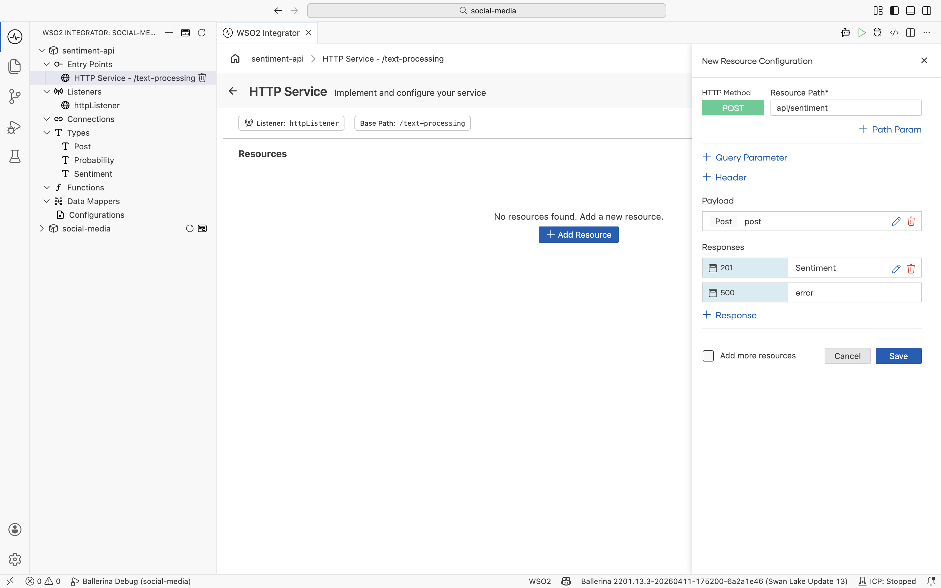 Adding the POST api/sentiment resource with a Post payload and Sentiment response