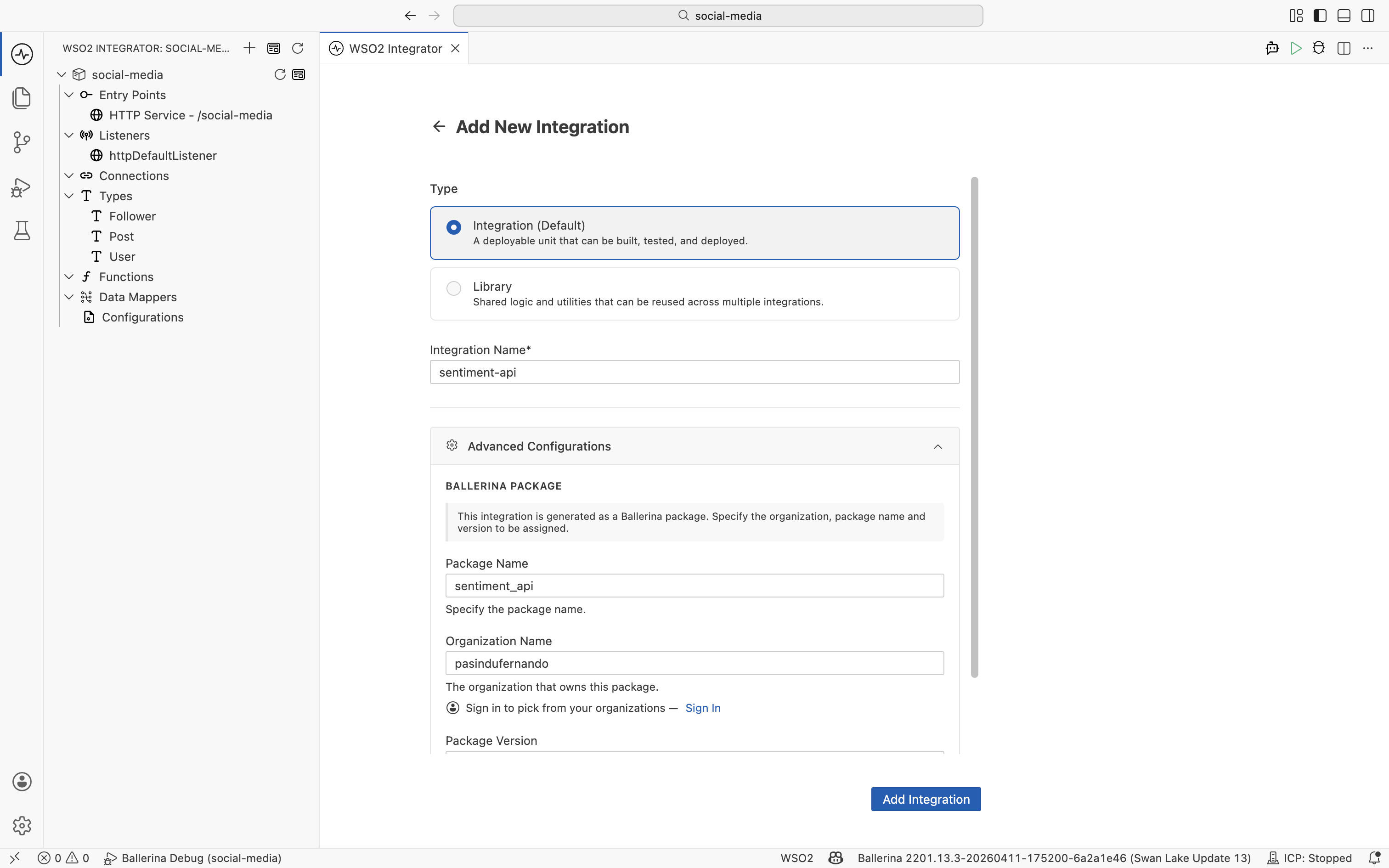 The Add New Integration form with the integration named sentiment-api