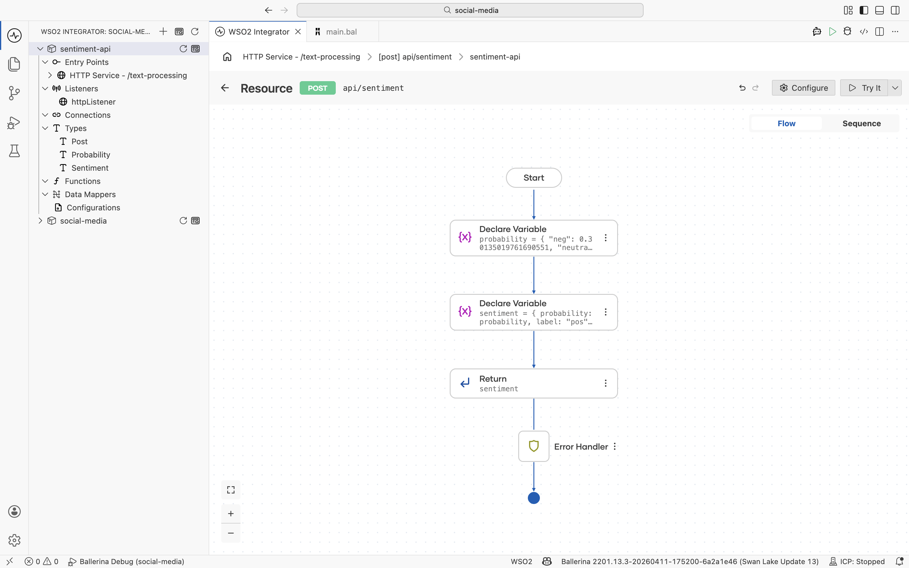 The completed POST api/sentiment flow: Start, two Declare Variable nodes, Return, and an Error Handler