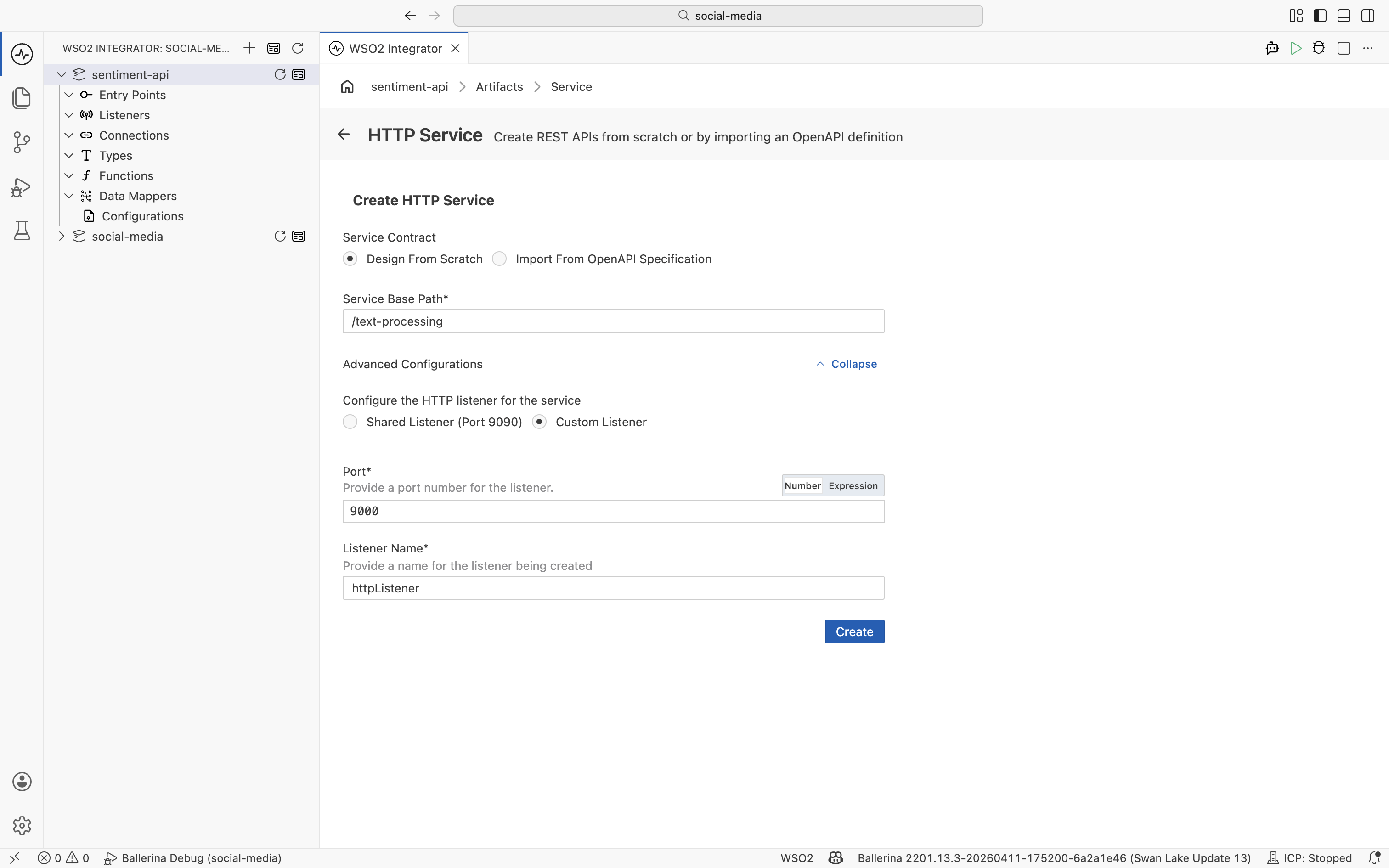 Creating the HTTP service with base path /text-processing on a custom listener at port 9000