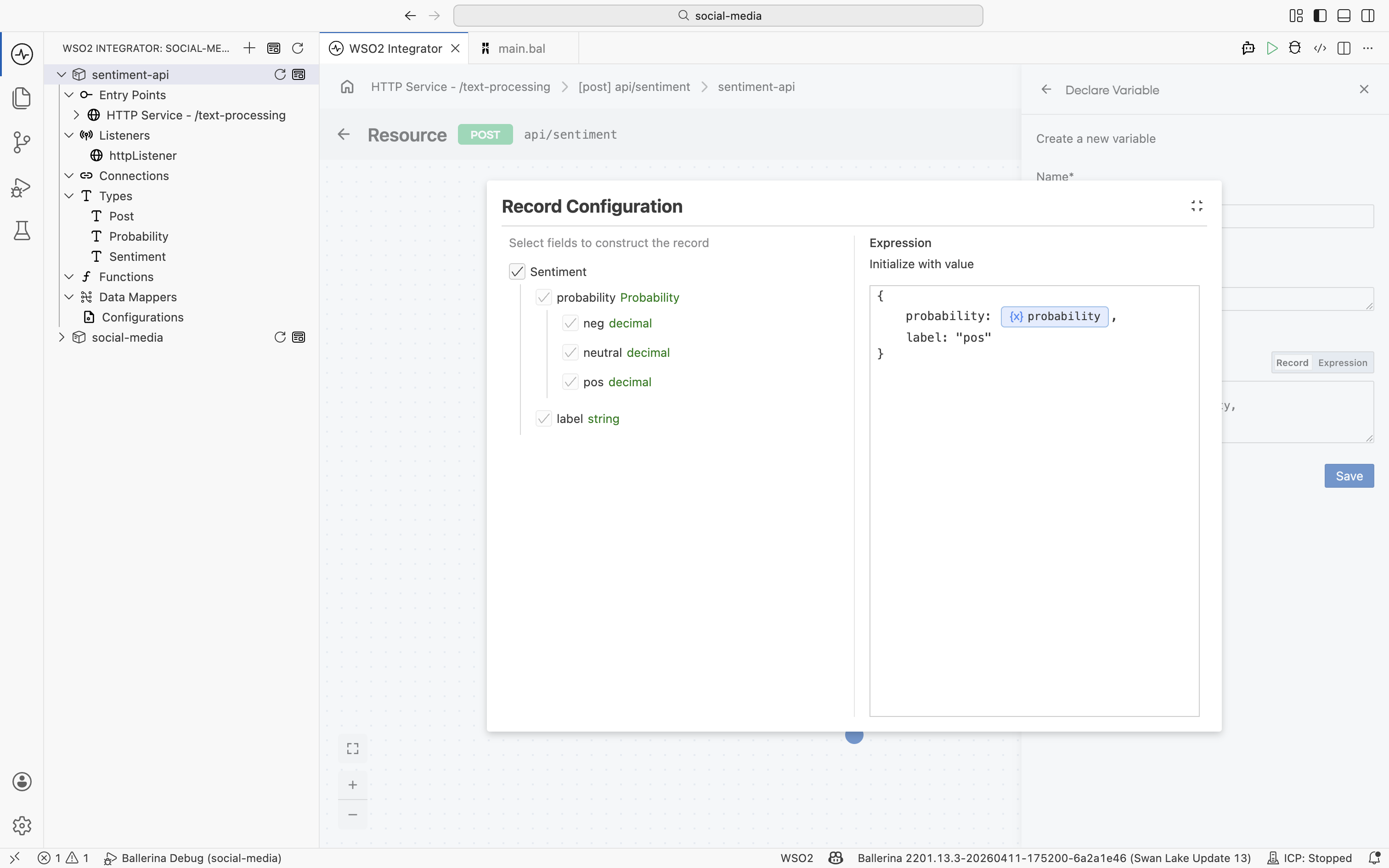 Building the Sentiment record in the Record Configuration panel