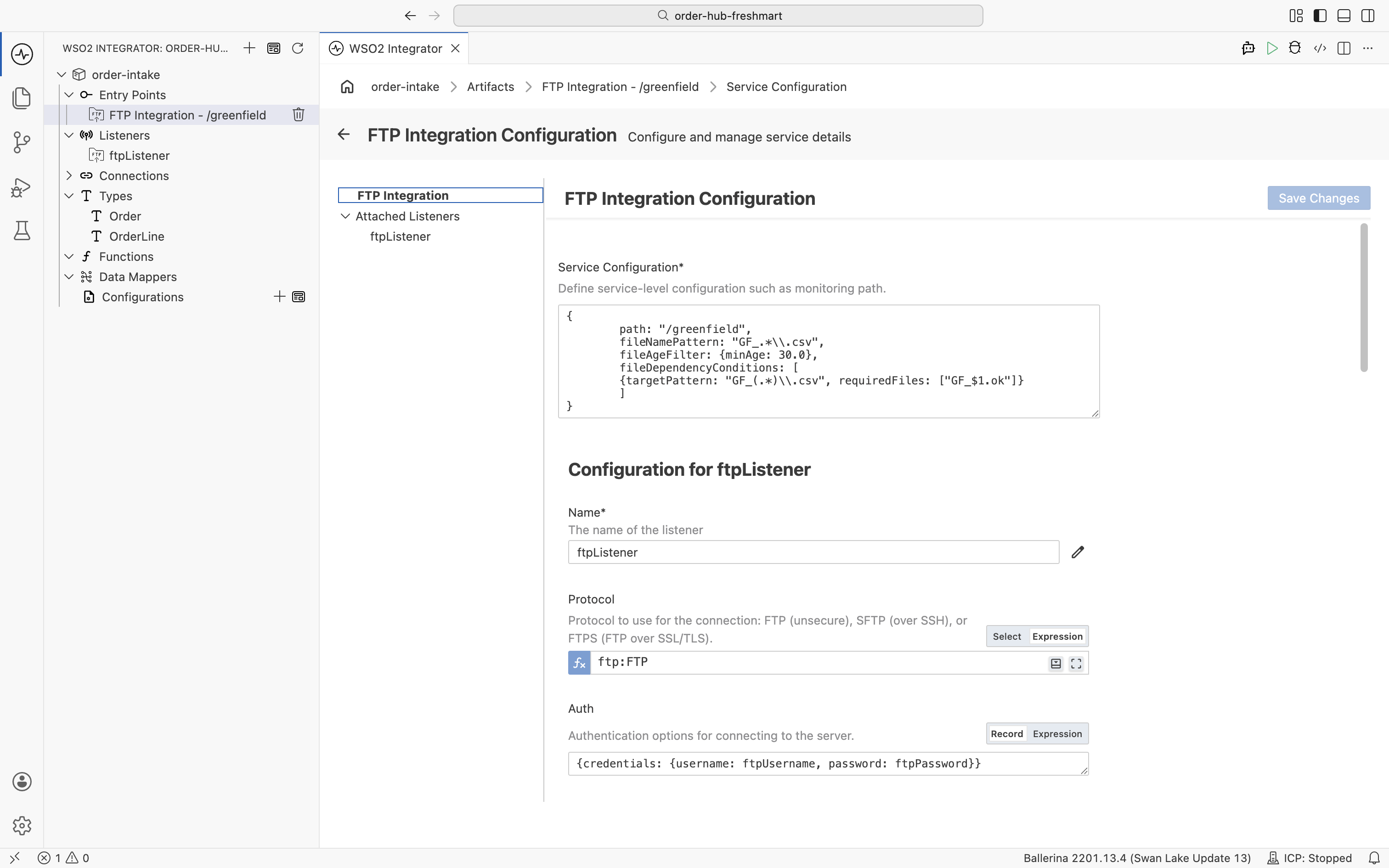 The Service Configuration record for the Greenfield service showing path /greenfield, fileNamePattern, fileAgeFilter, and the fileDependencyConditions gating on the .ok marker, with the ftpListener configuration below
