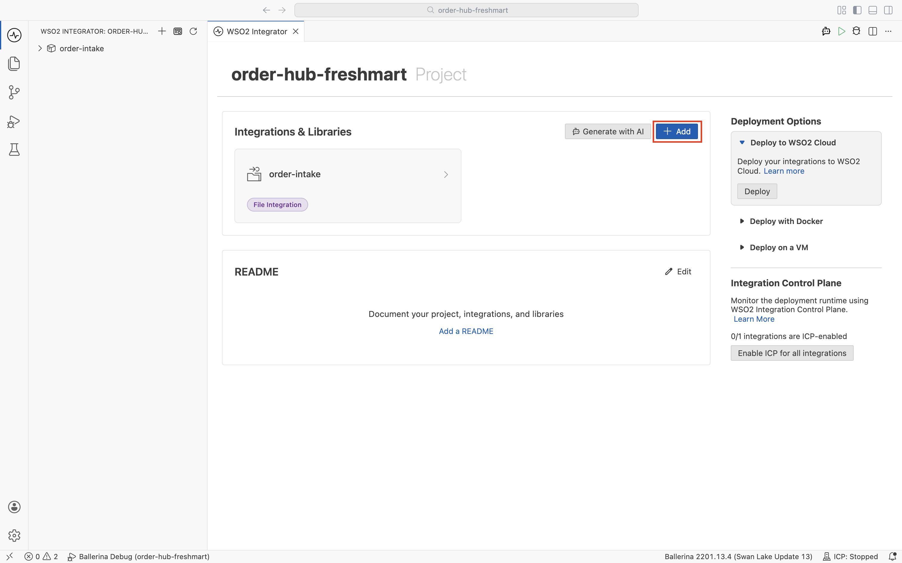 The order-hub-freshmart project view with the order-intake integration and the Add button highlighted