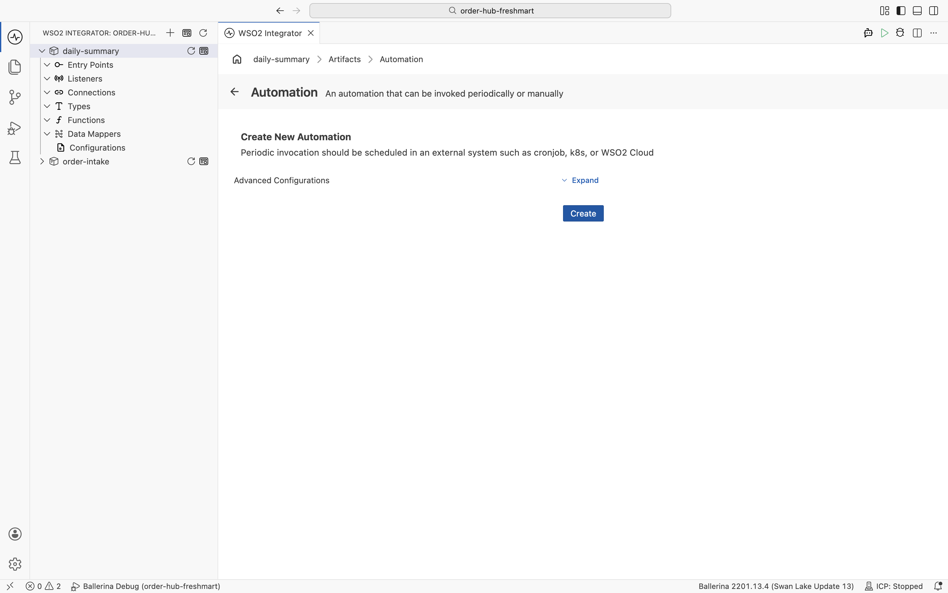 The Create New Automation screen explaining that periodic invocation is scheduled externally