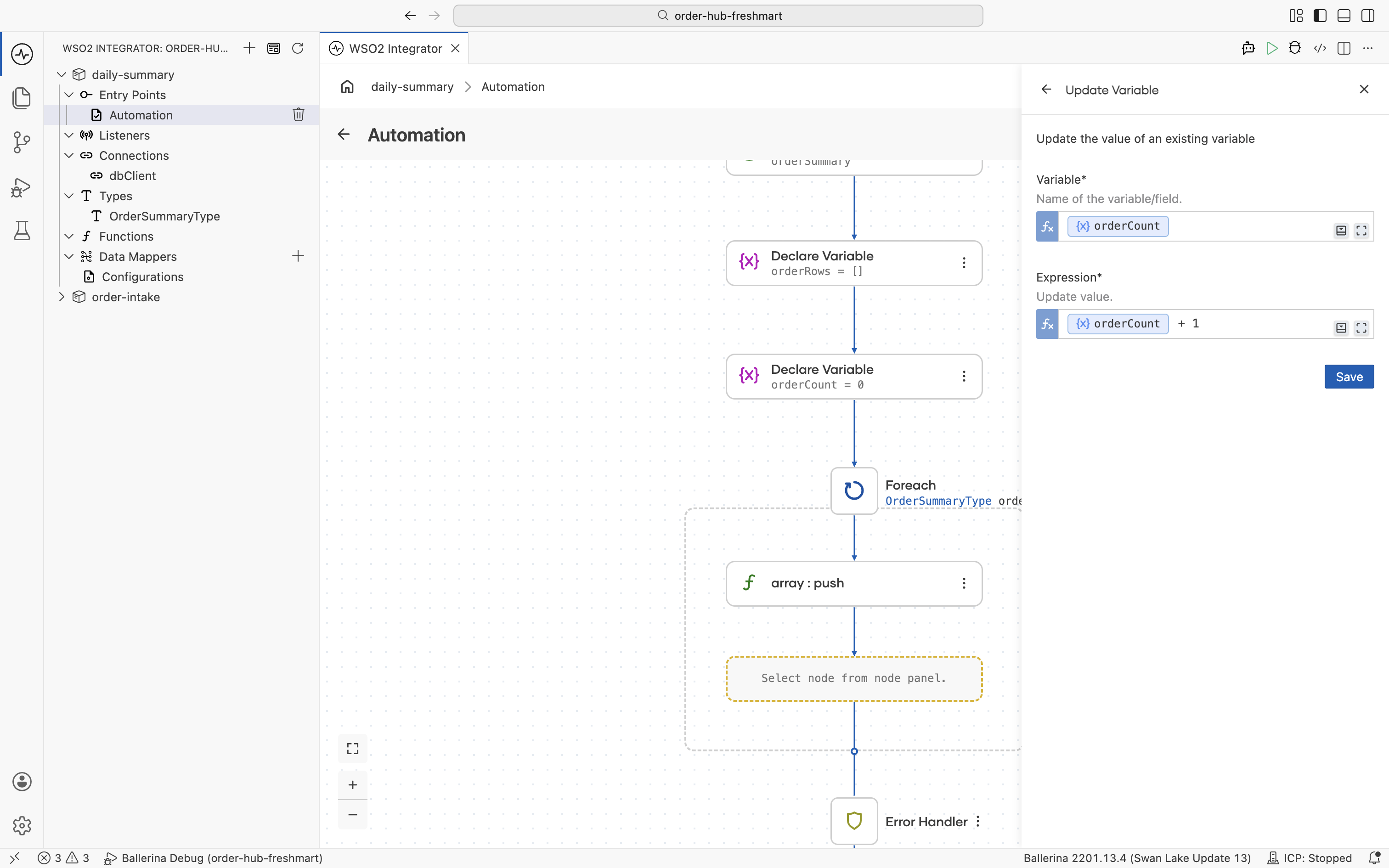 The Update Variable node incrementing orderCount