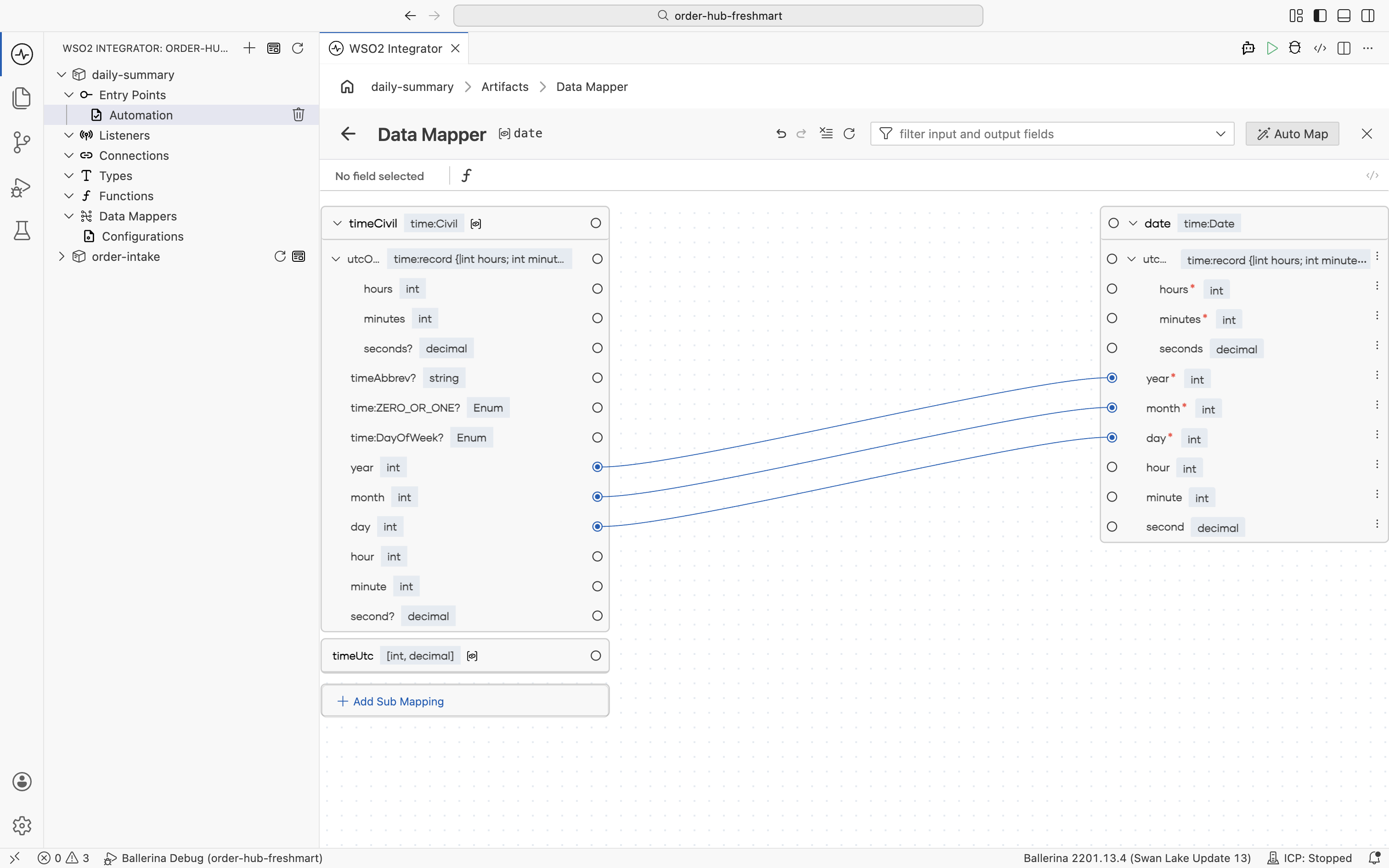 The data mapper mapping timeCivil's year, month, and day onto the date variable