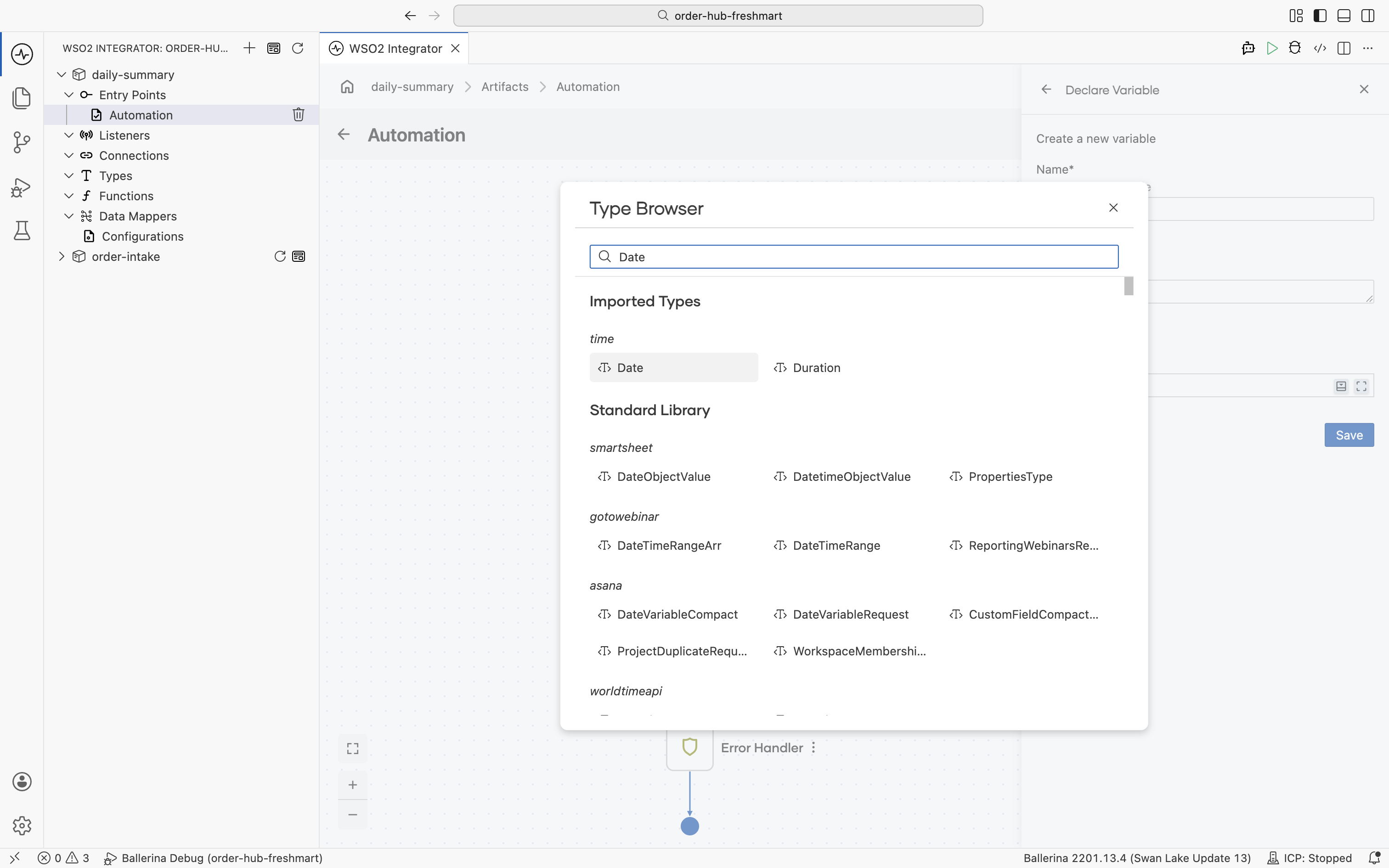 The Type Browser with time selected for the new variable