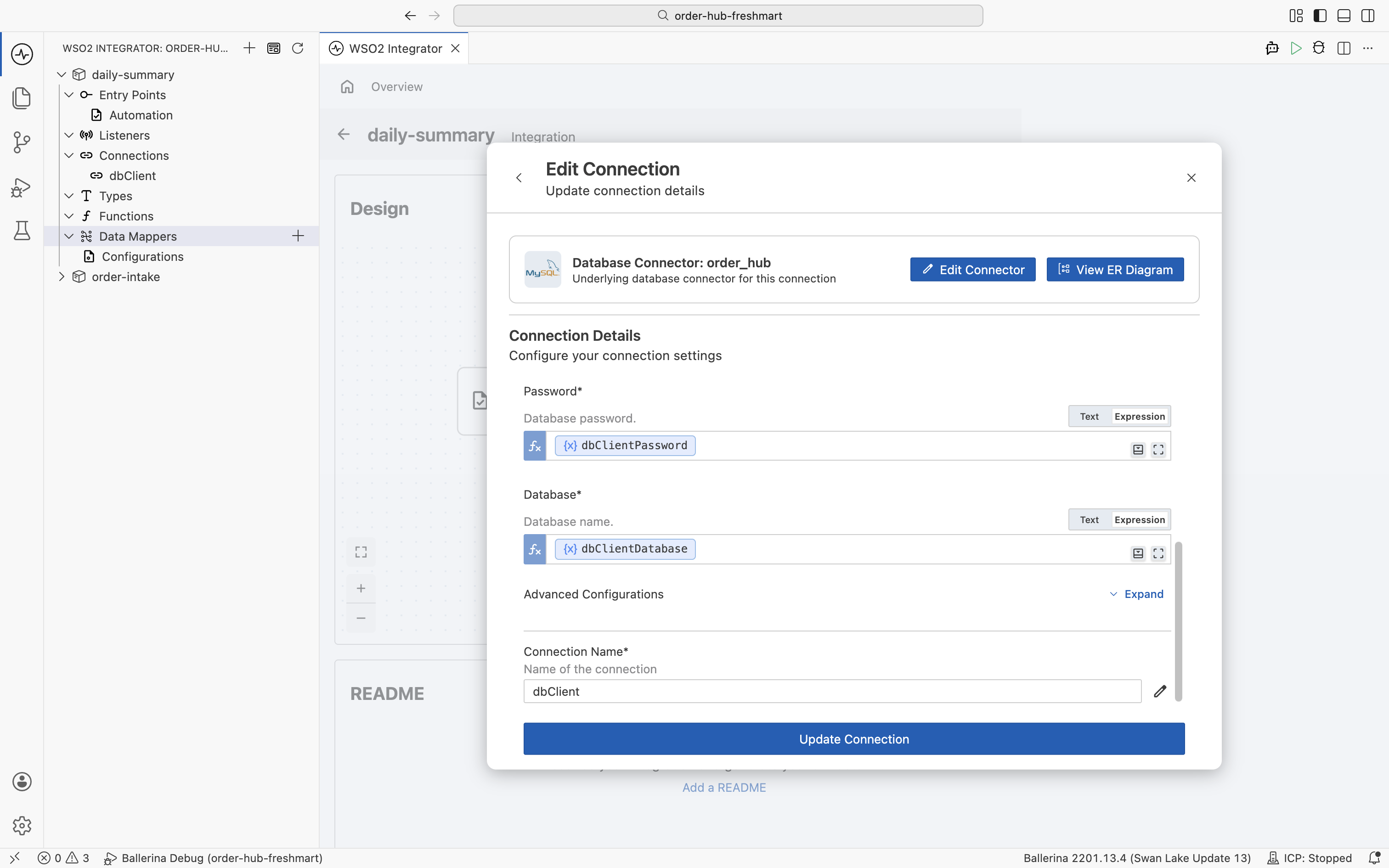 The database connection for daily-summary named dbClient, pointing at the order_hub database