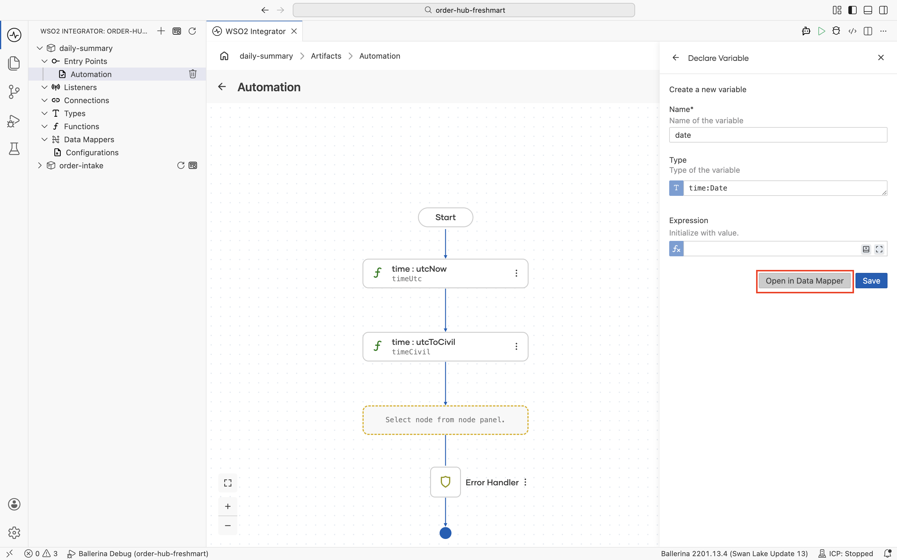 Declaring the date variable of type time with the Open in Data Mapper button
