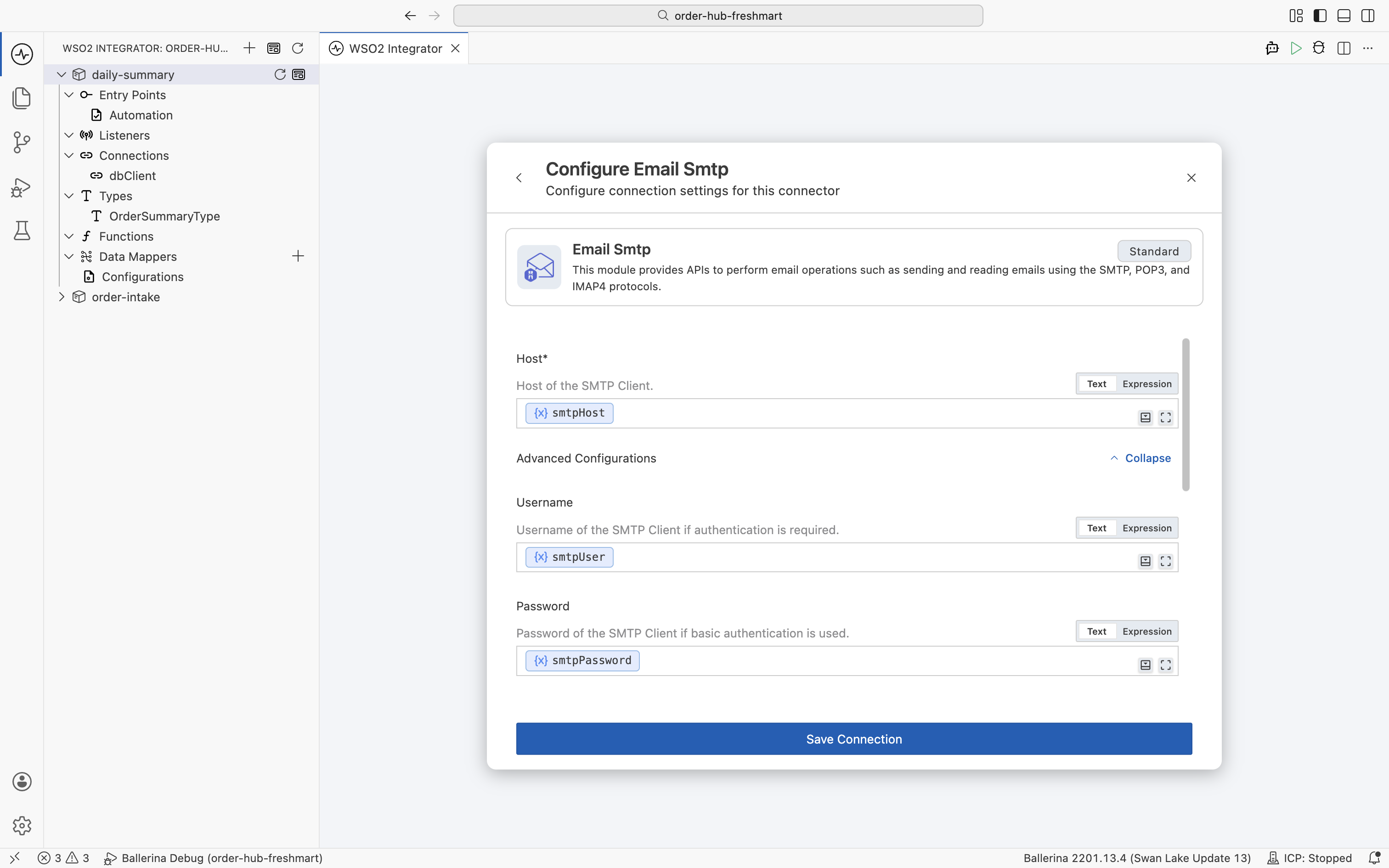 Configuring the Email SMTP connection with host, username, and password bound to the configurables