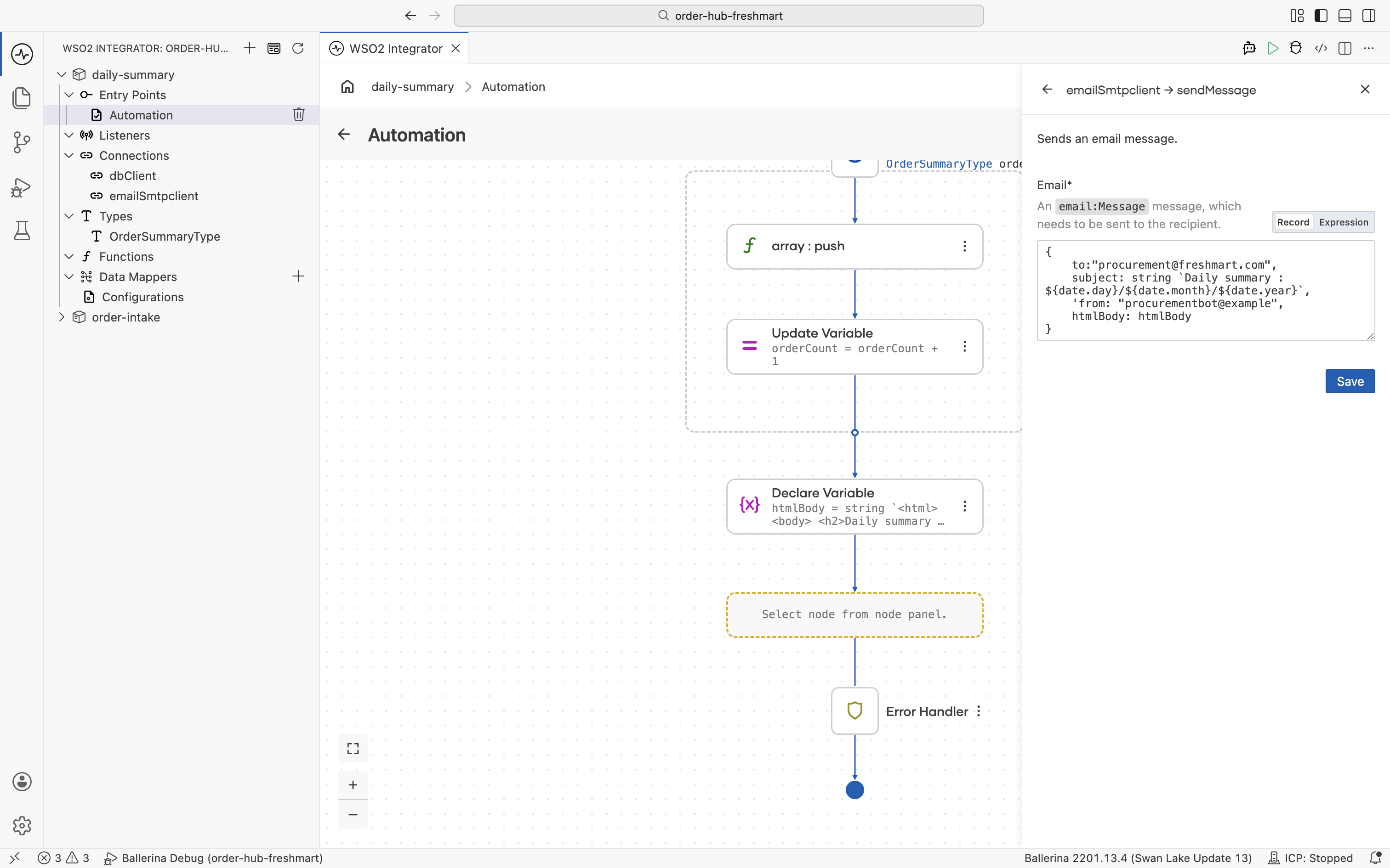 The completed automation flow: utcNow, utcToCivil, the date variable, the orders query, the row-building loop, the htmlBody, and the email send