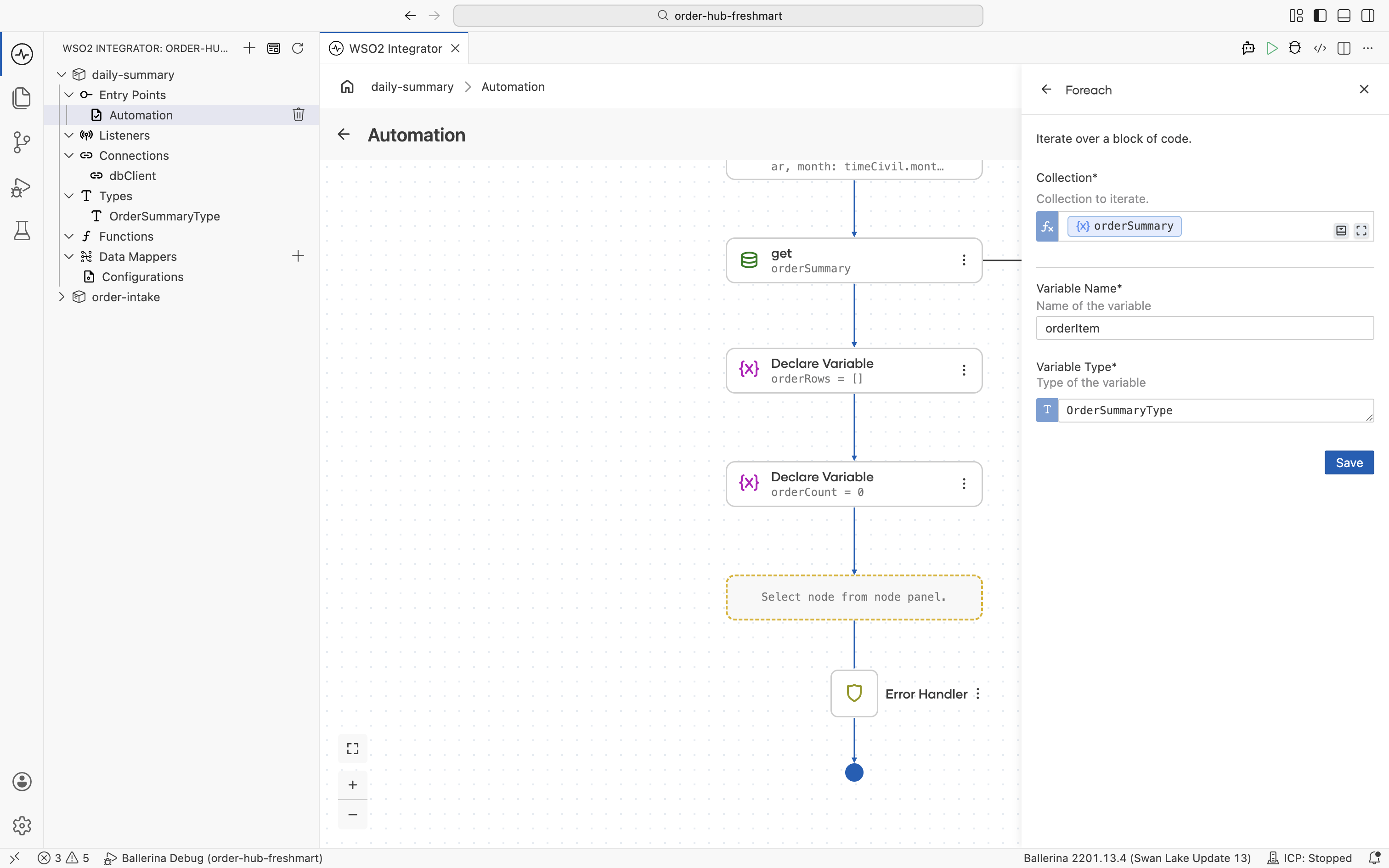 The Foreach node iterating orderSummary with the loop variable orderItem