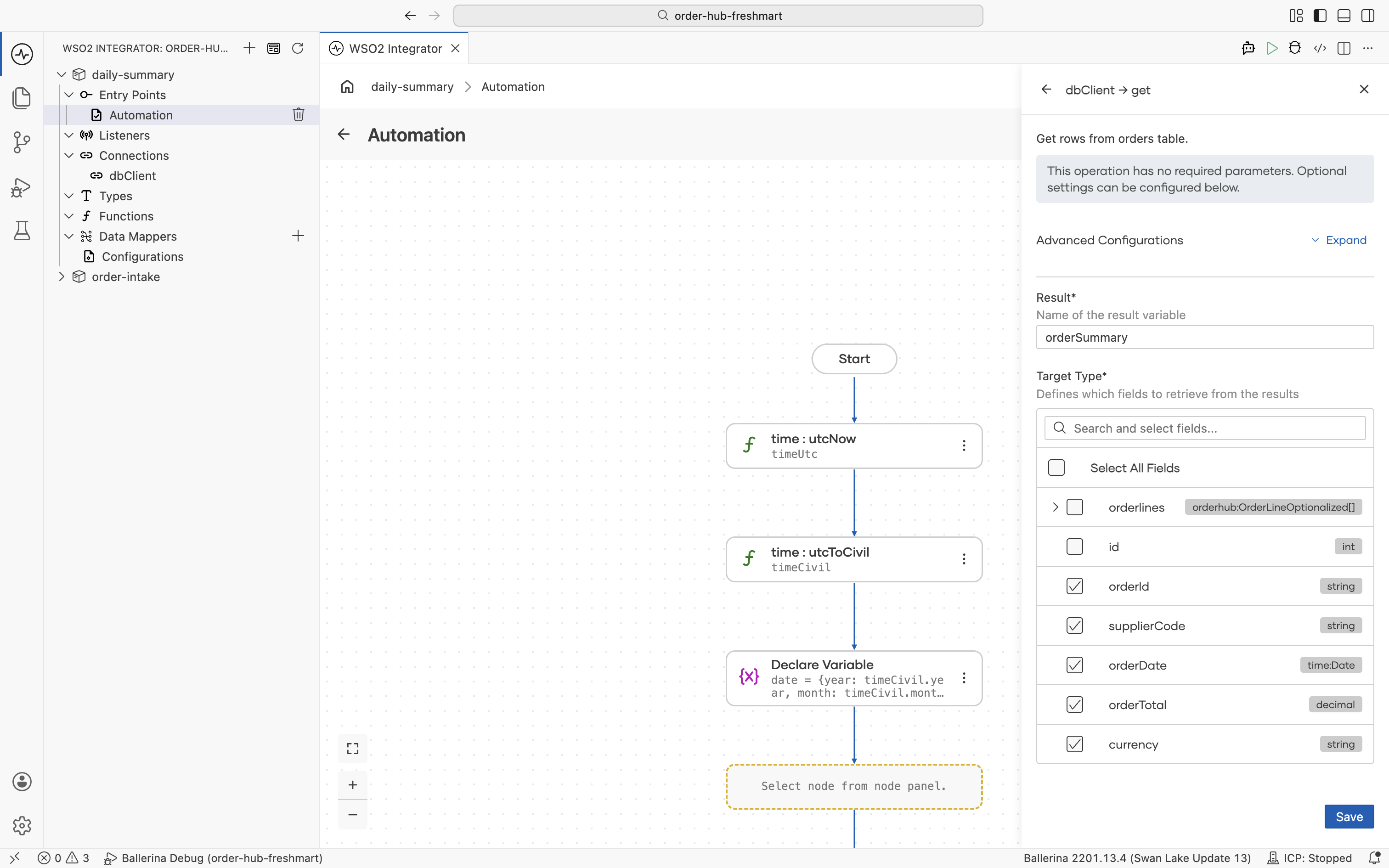 The Get rows from orders node with the result named orderSummary and the summary fields selected