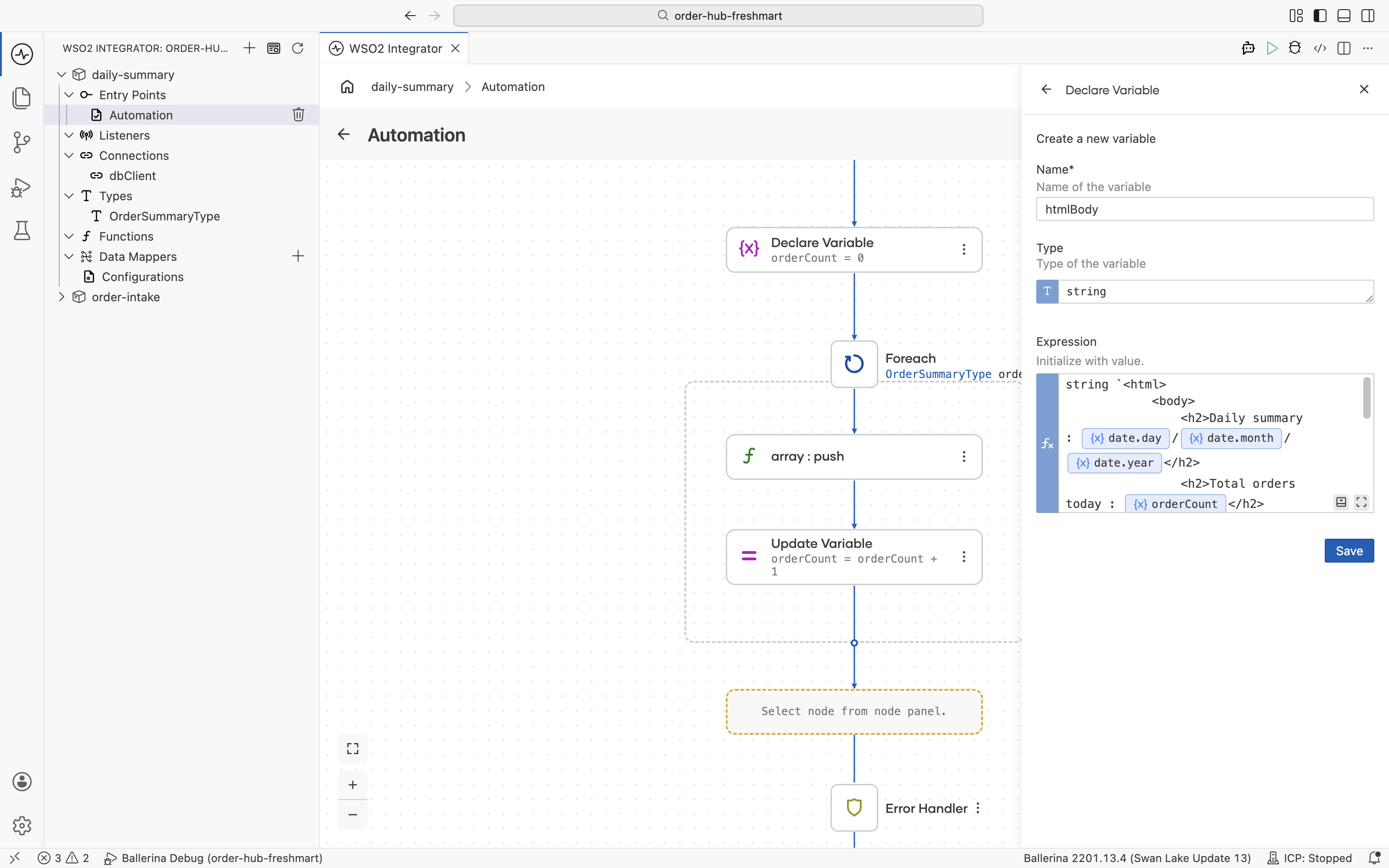 The htmlBody variable declared in the automation flow