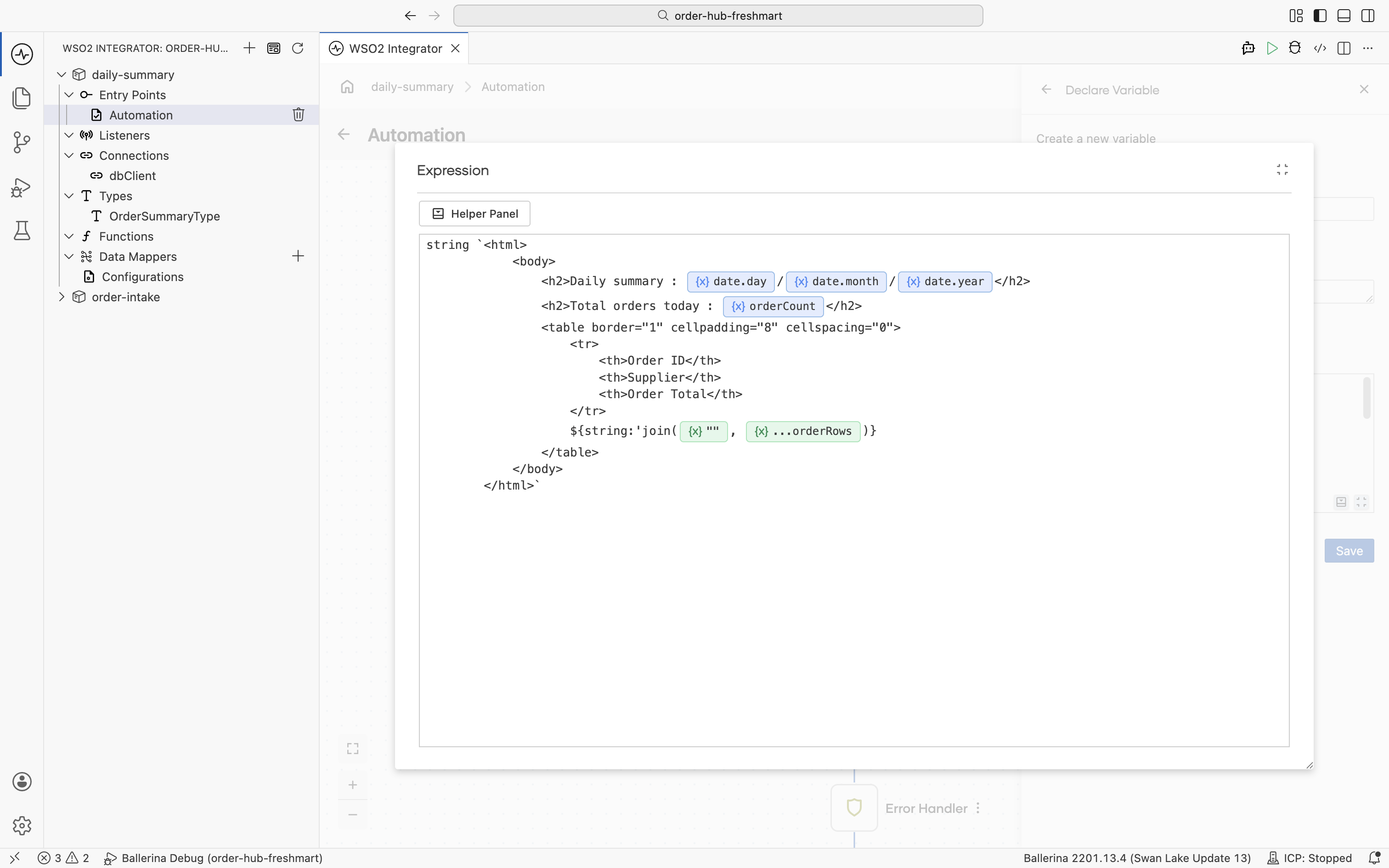 The expression editor composing the htmlBody from the date, orderCount, and joined orderRows