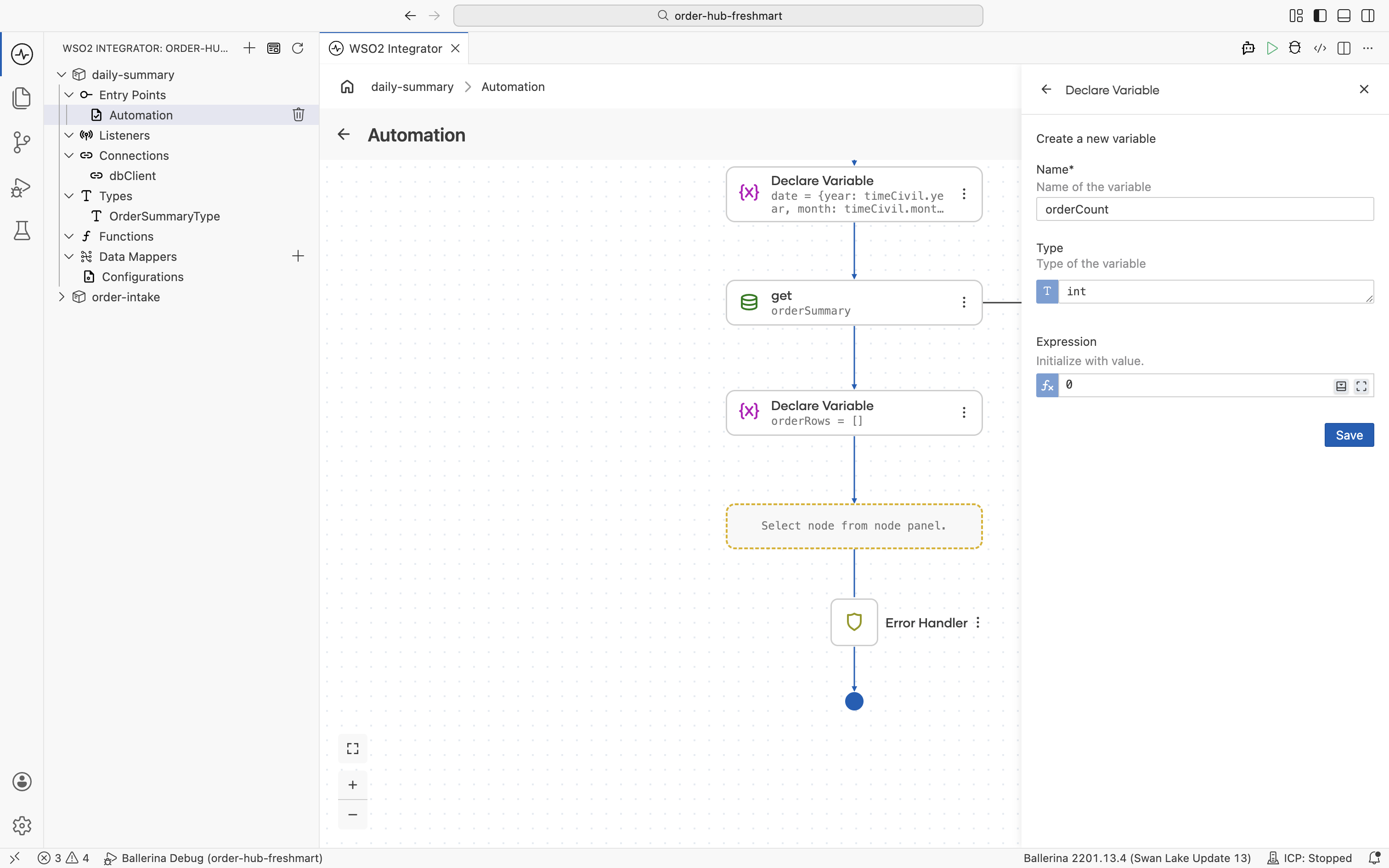 Declaring orderCount as an integer initialized to zero