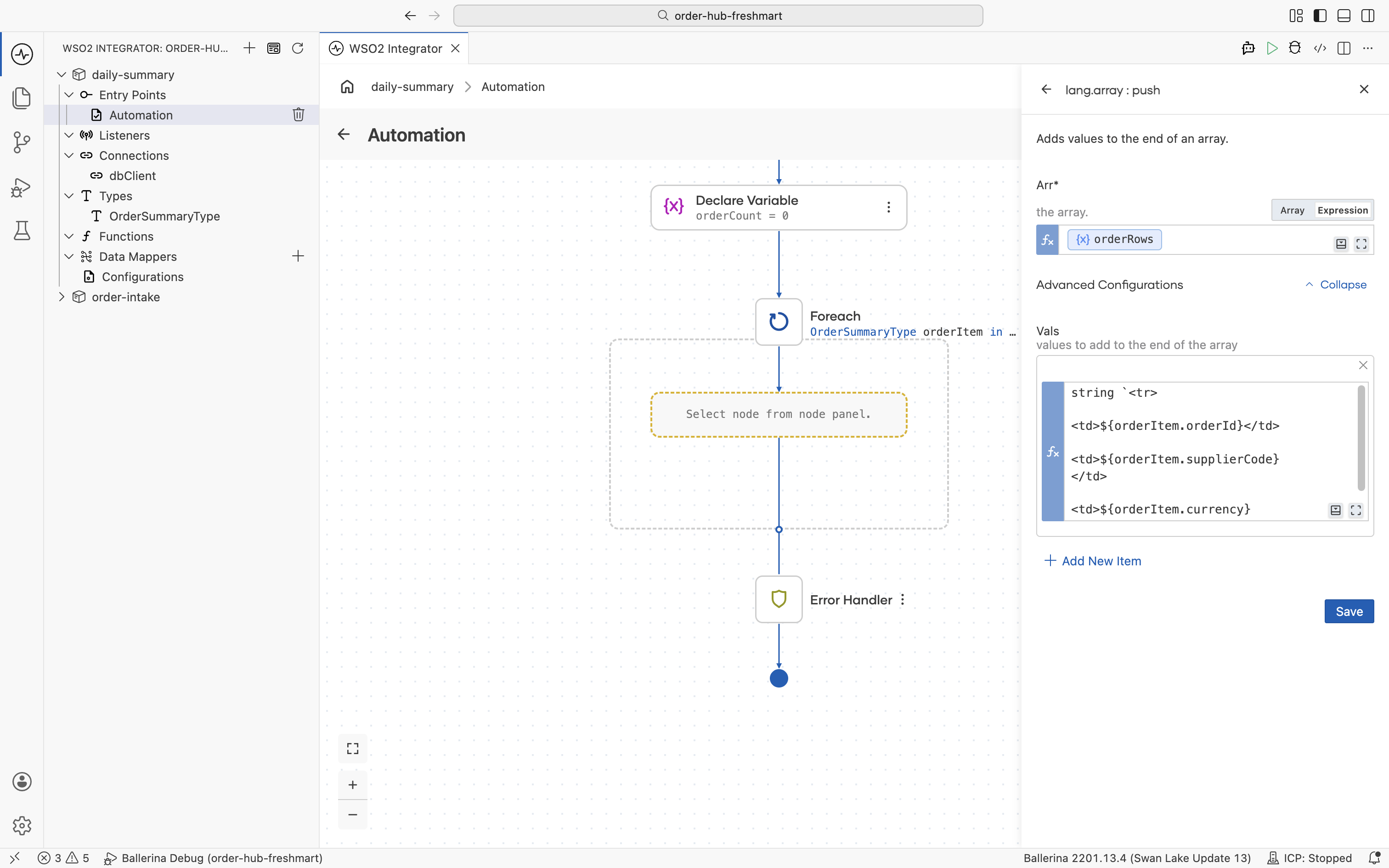 The array node appending the row to orderRows