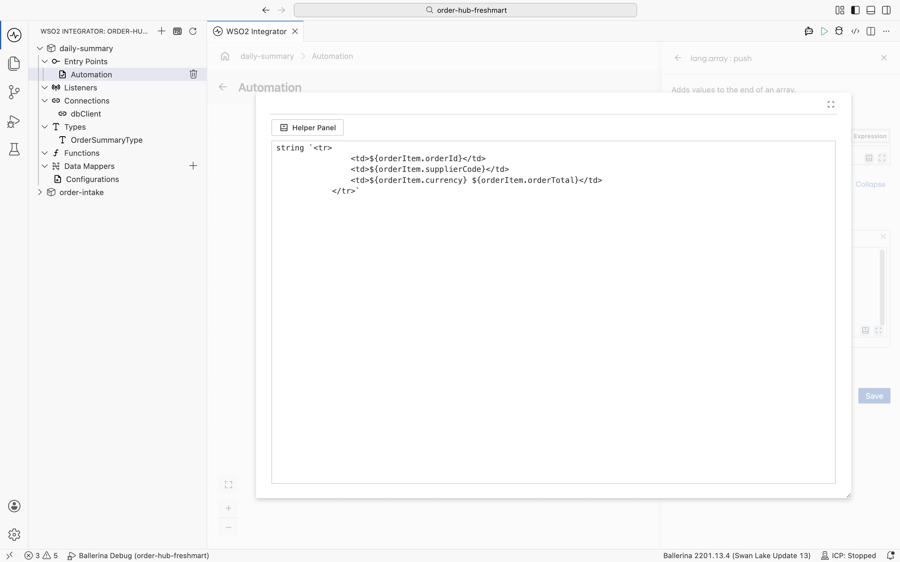 The expression editor composing an HTML table row from the orderItem fields
