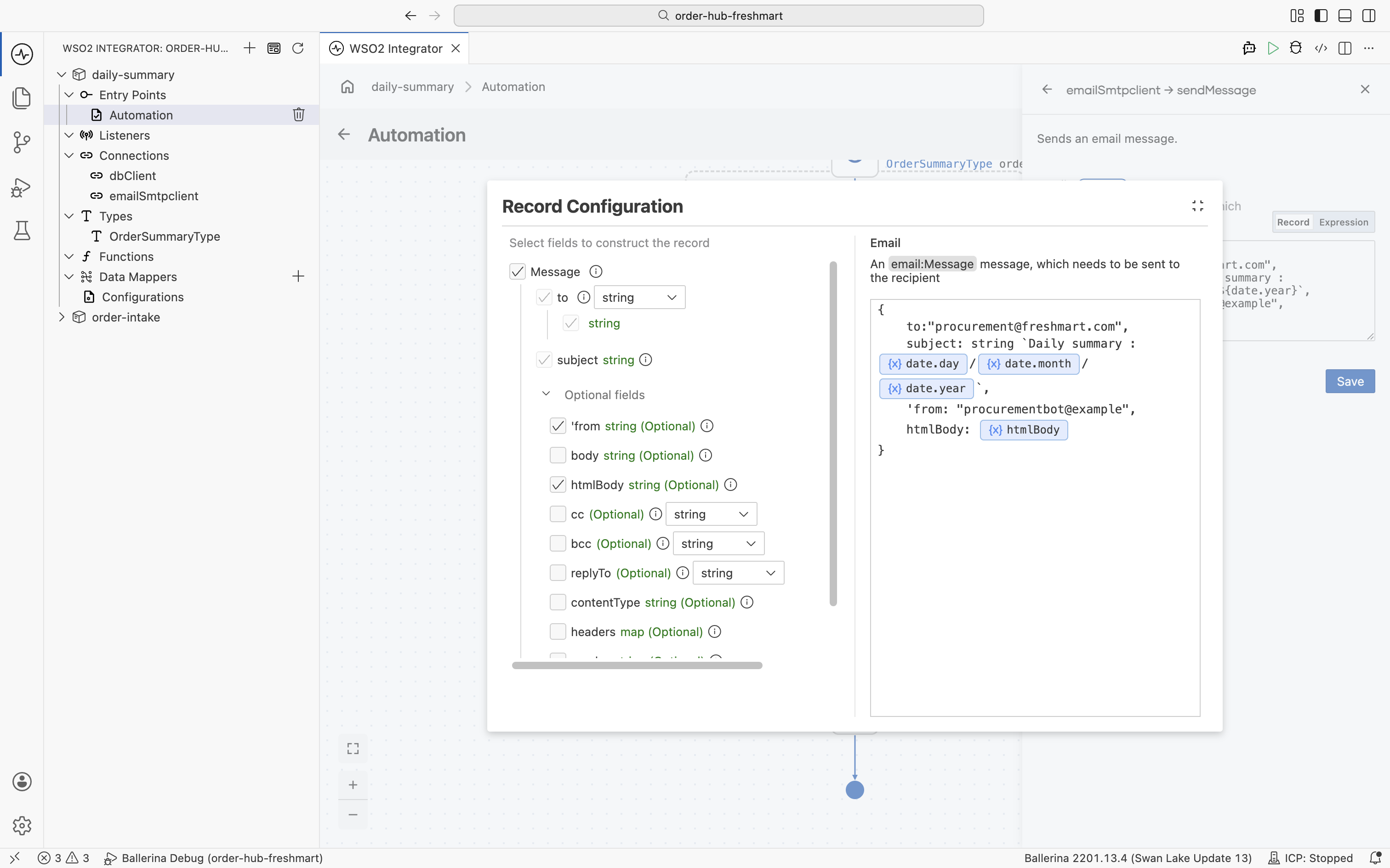 The Record Configuration for the email message, with the recipient, subject, and htmlBody