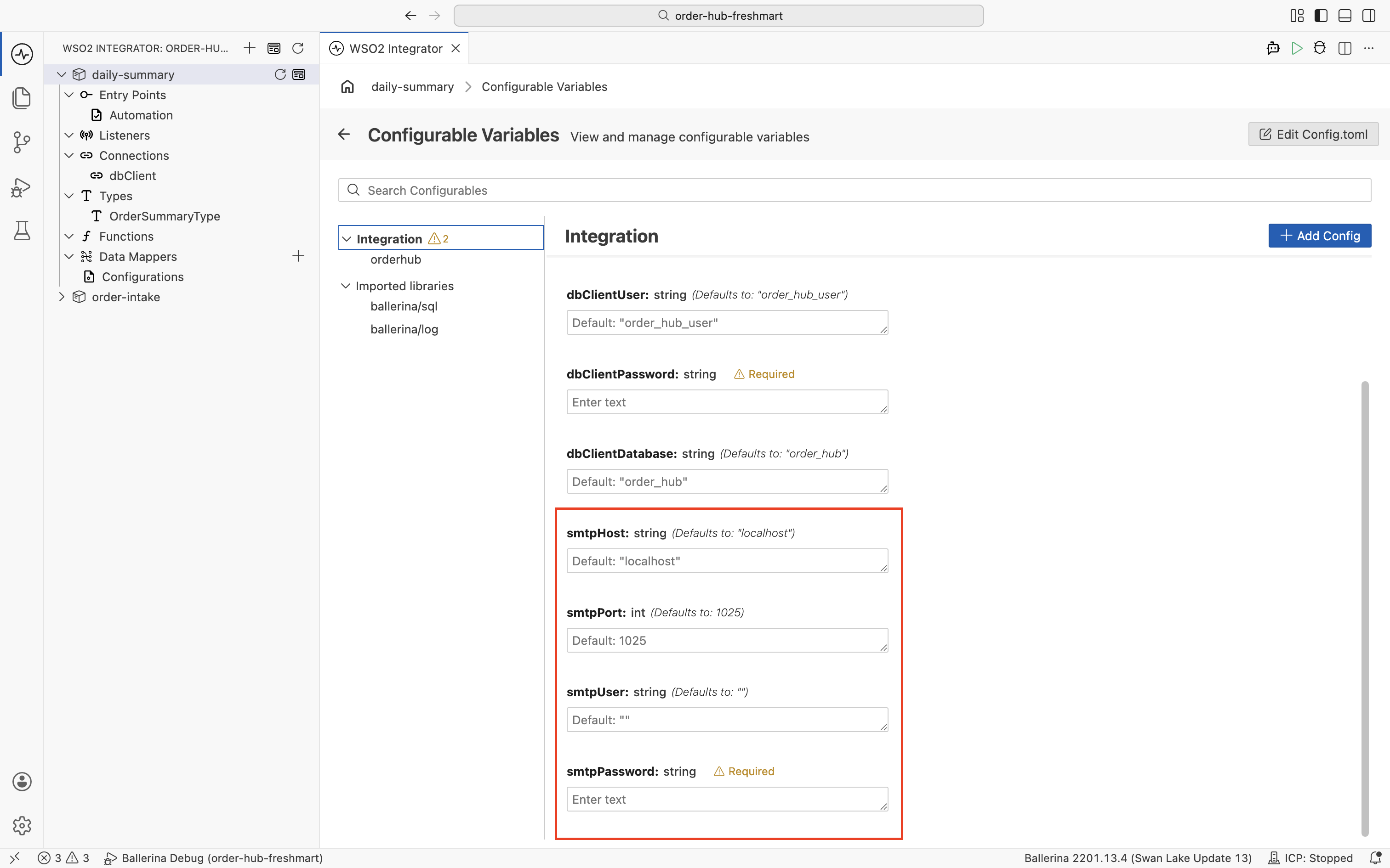 The Configurable Variables view listing the smtpHost, smtpPort, smtpUser, and smtpPassword configurables