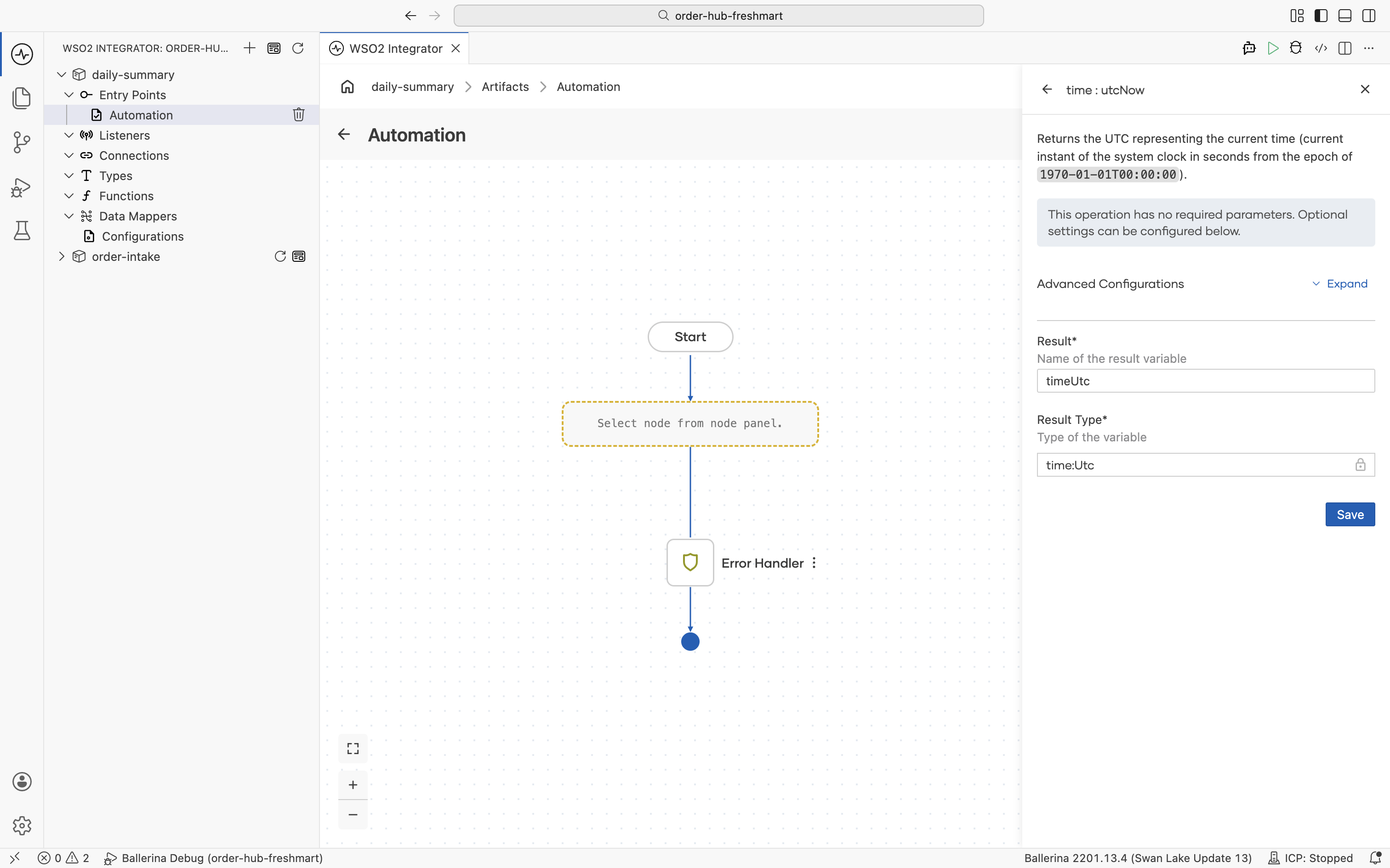 The time node configuration with the result named timeUtc