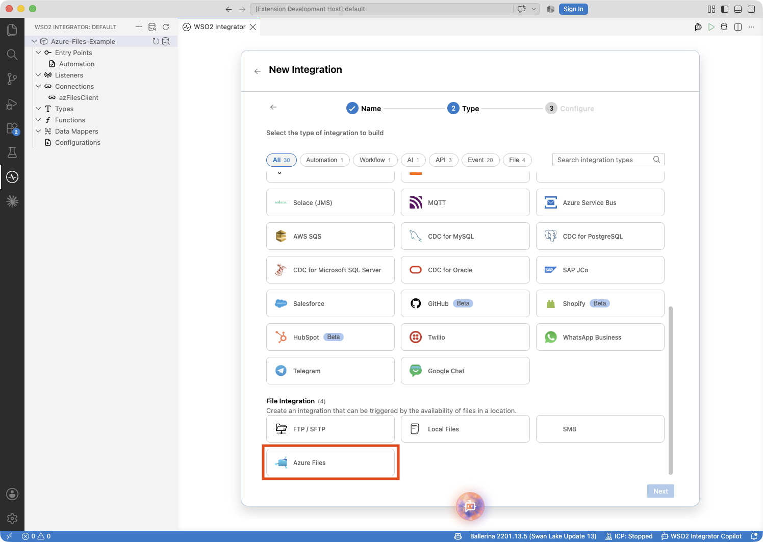New Integration wizard with the Azure Files card selected