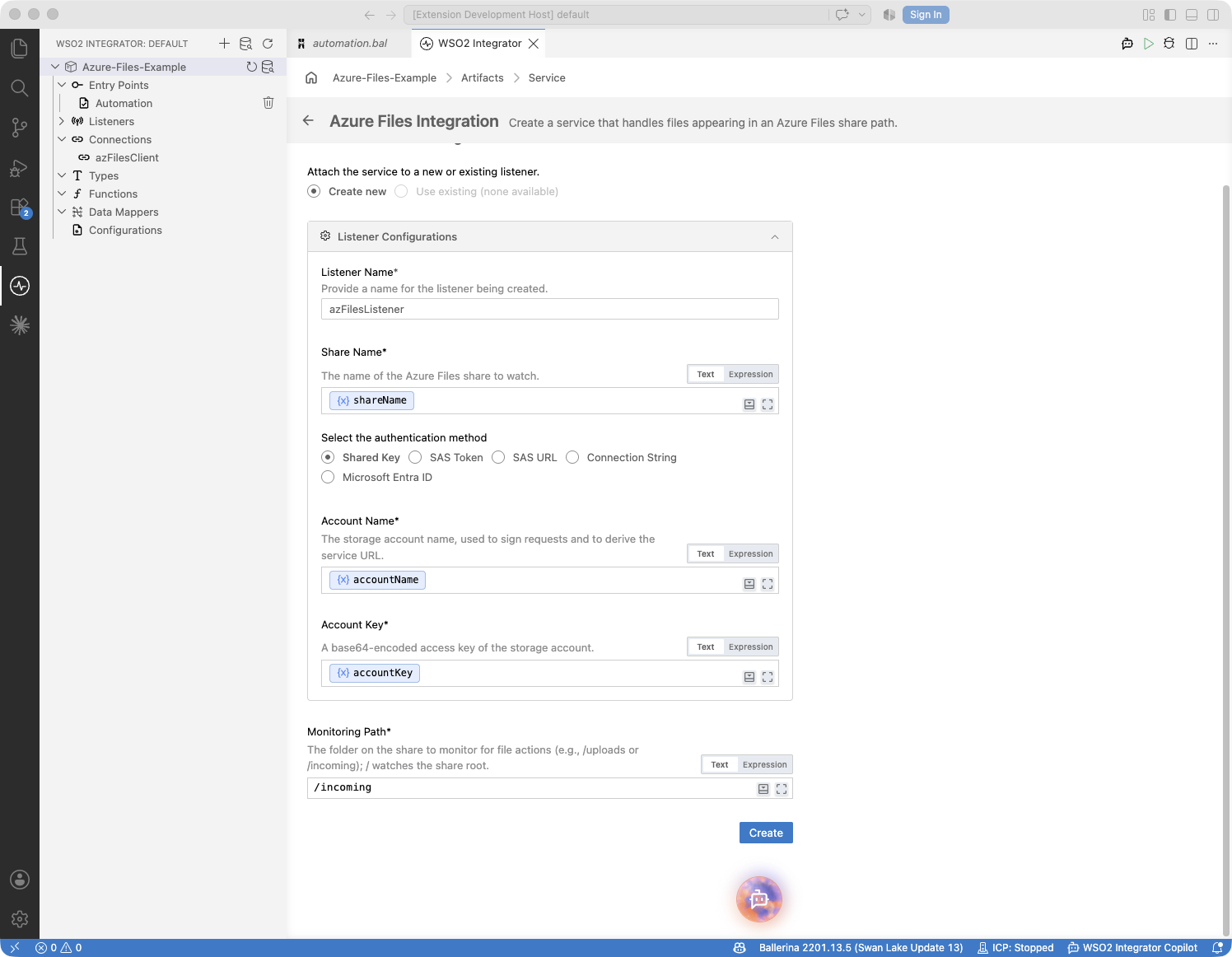 Azure Files listener configuration form