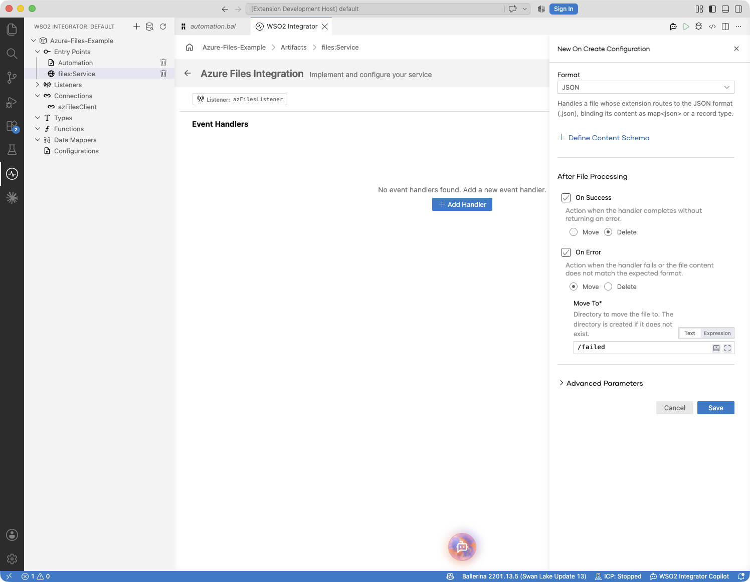 On Create handler configuration with the format and post-processing actions