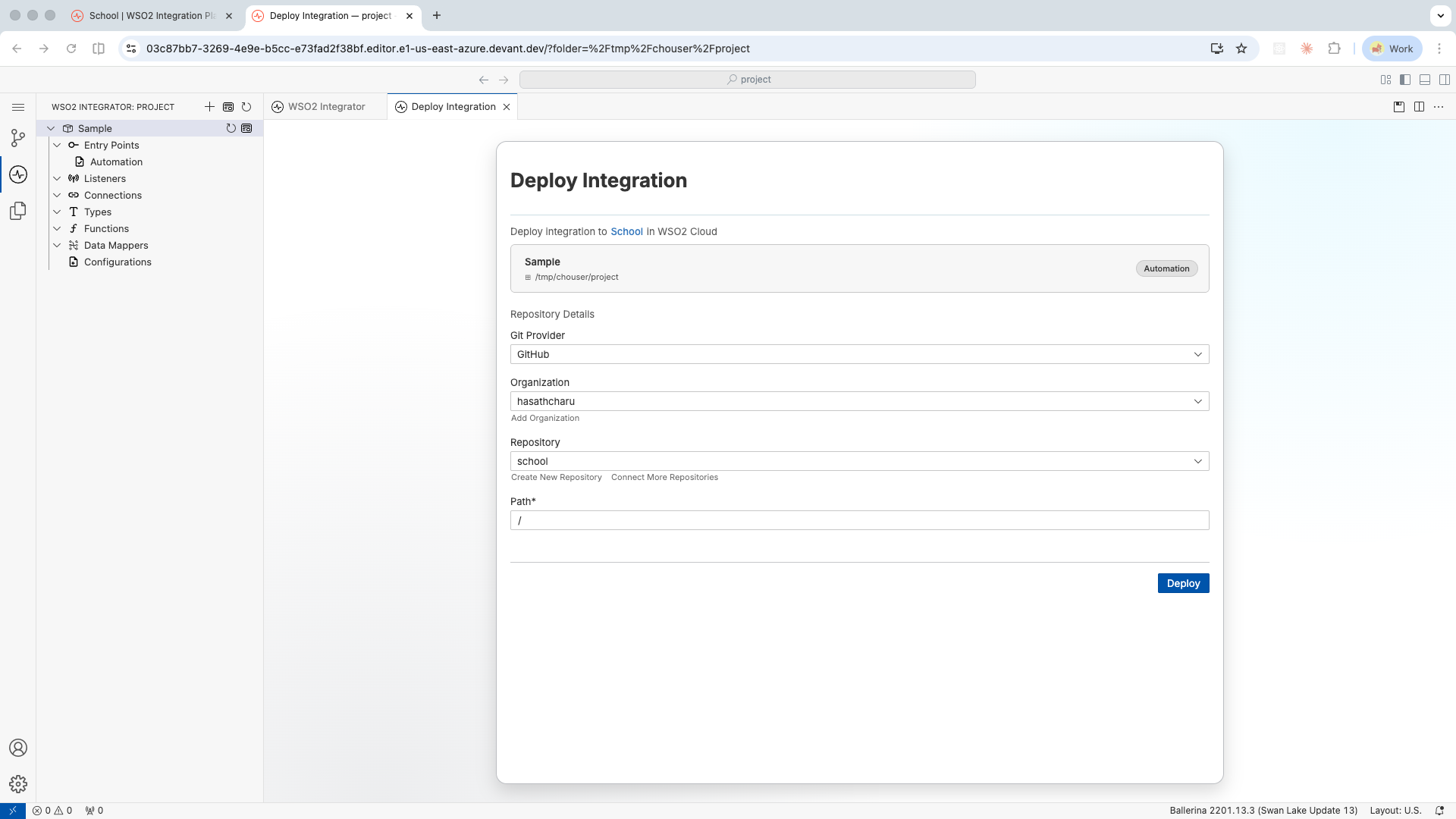Deploy Integration tab showing repository configuration