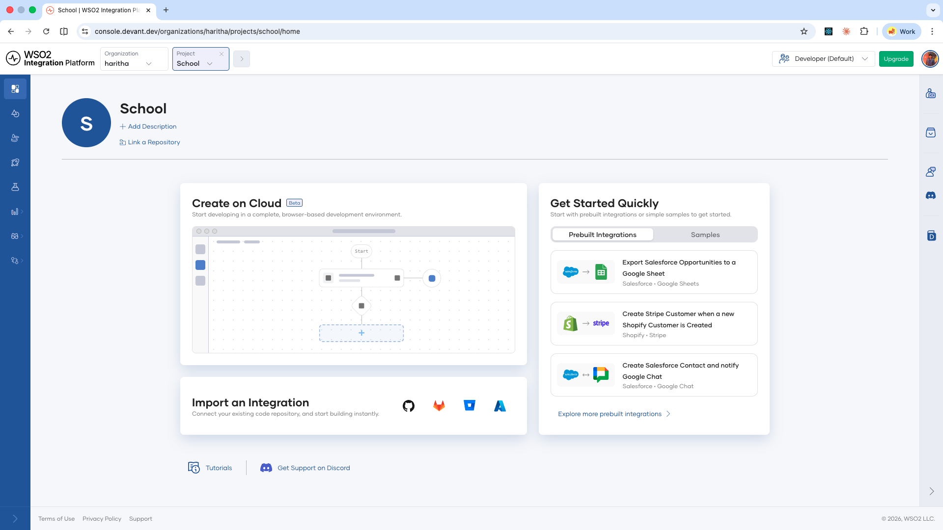WSO2 Cloud project home showing the Create on Cloud option