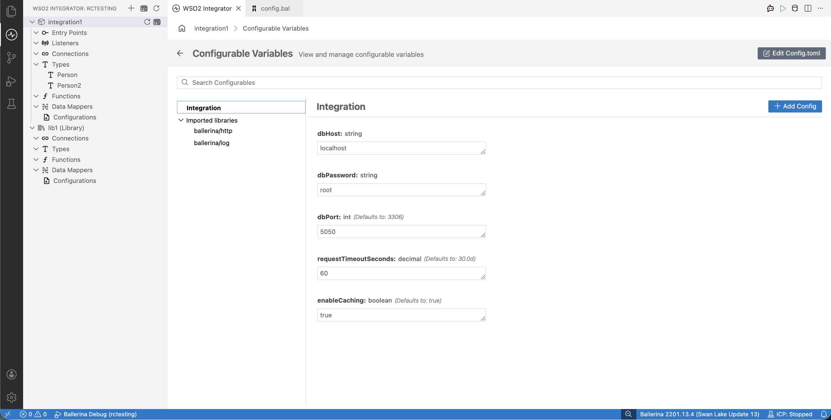 Configurable Variables panel in WSO2 Integrator showing dbHost, dbPassword, dbPort, requestTimeoutSeconds, and enableCaching variables with their types and current values