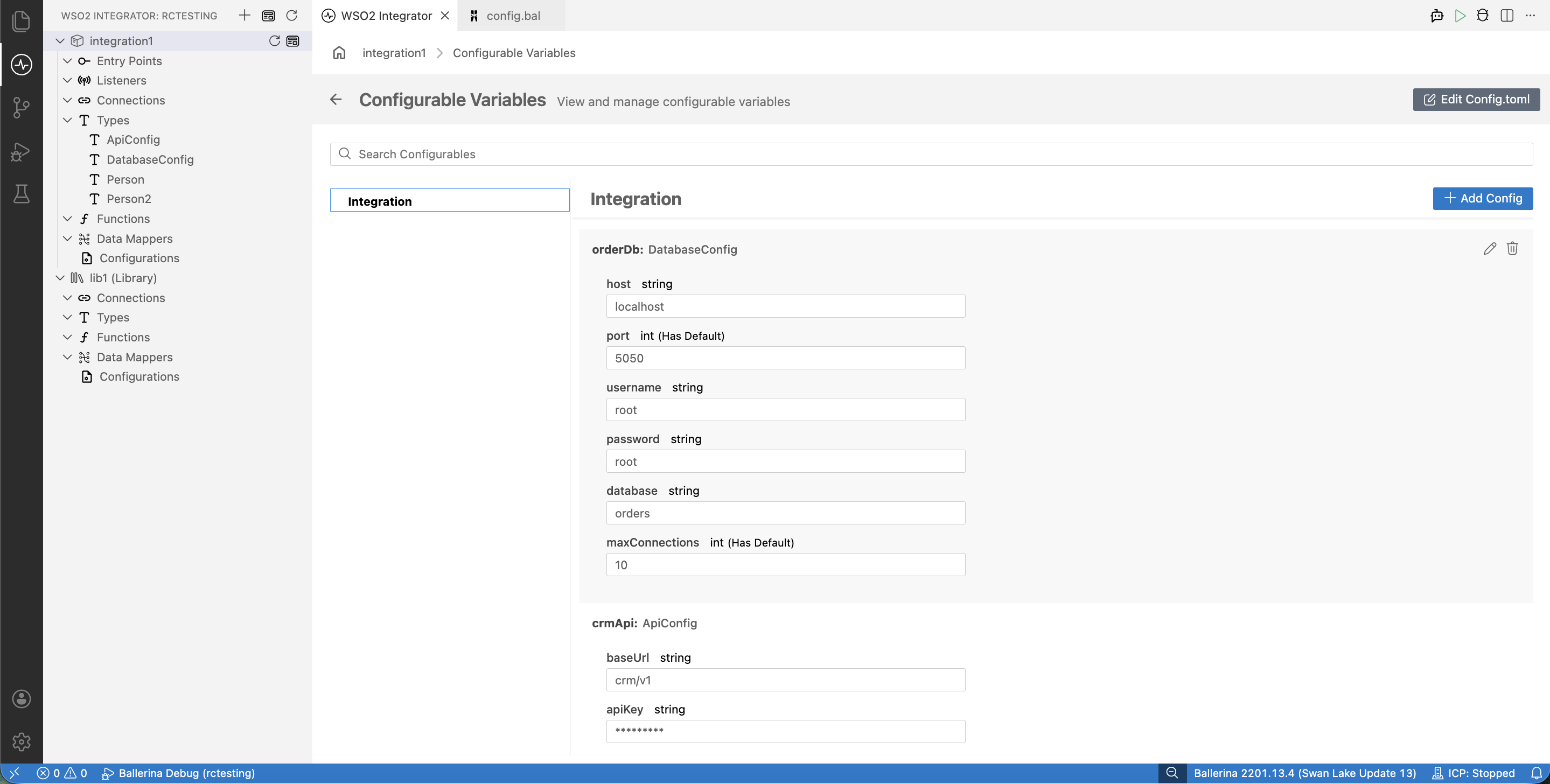 Configurable Variables panel in WSO2 Integrator showing record-typed configurables orderDb (DatabaseConfig) and crmApi (ApiConfig) expanded into their nested fields