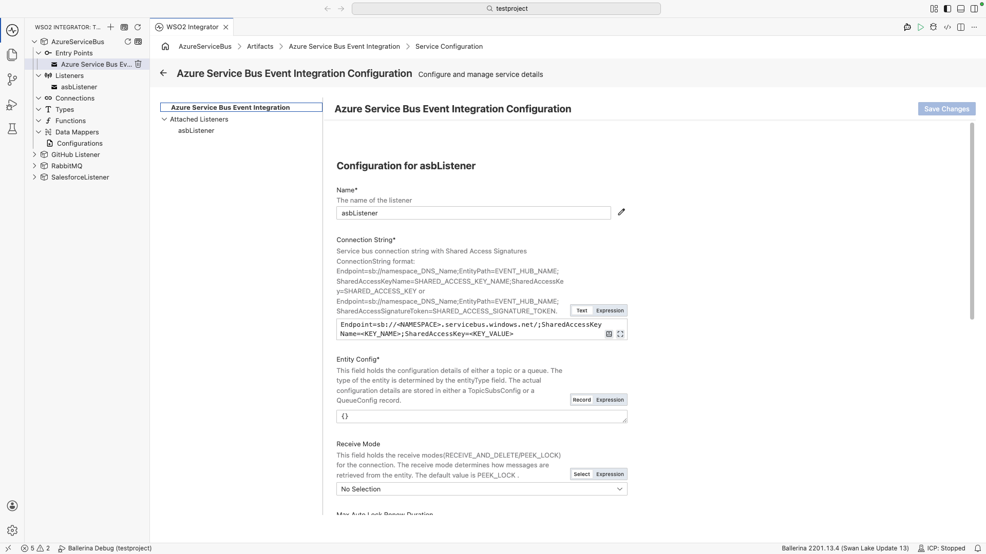 Listener configuration — connection string and entity config