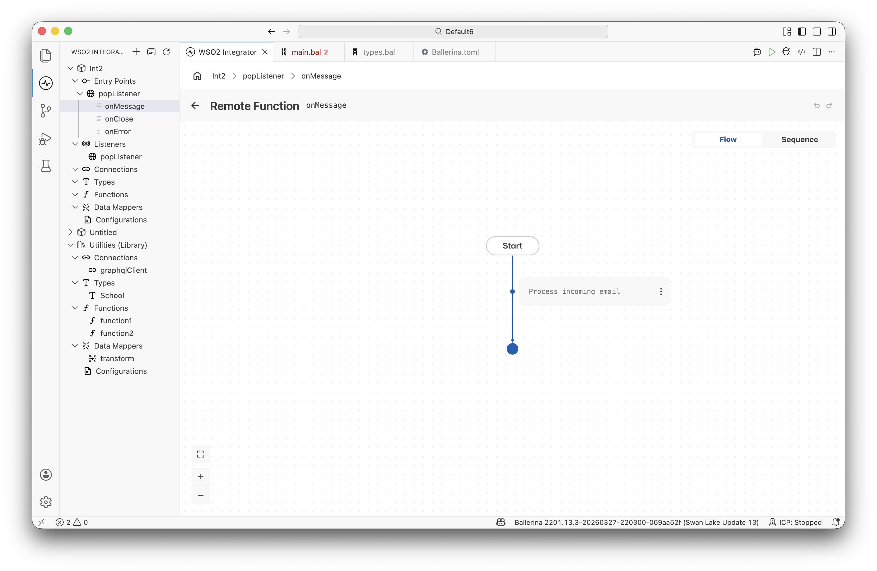 Flow designer view for the onMessage handler
