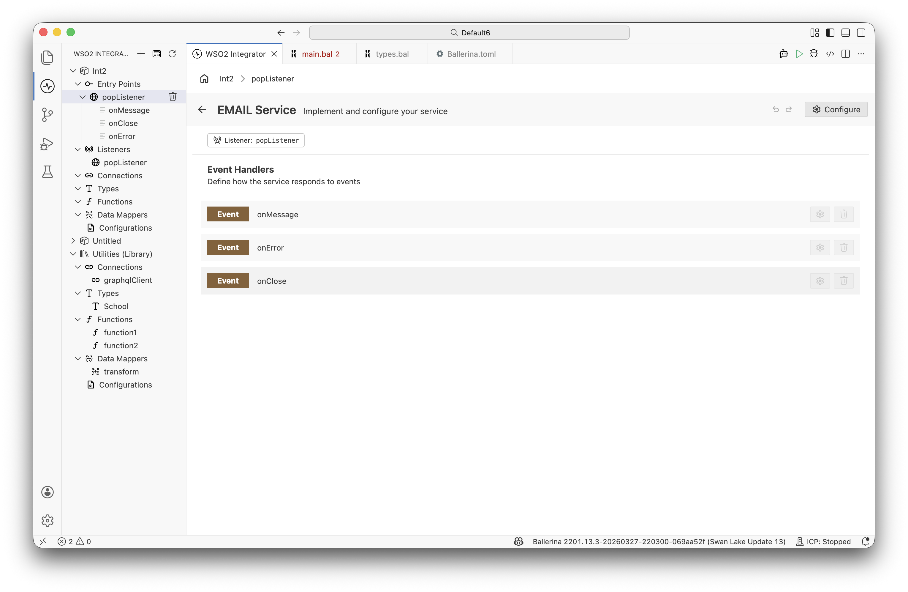 Email Listener Designer showing onMessage, onError, and onClose handlers