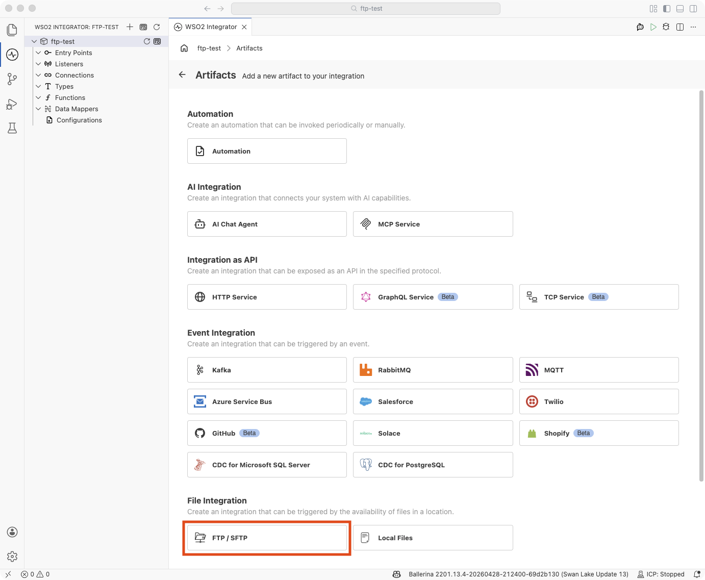 Artifacts panel showing FTP / SFTP under File Integration