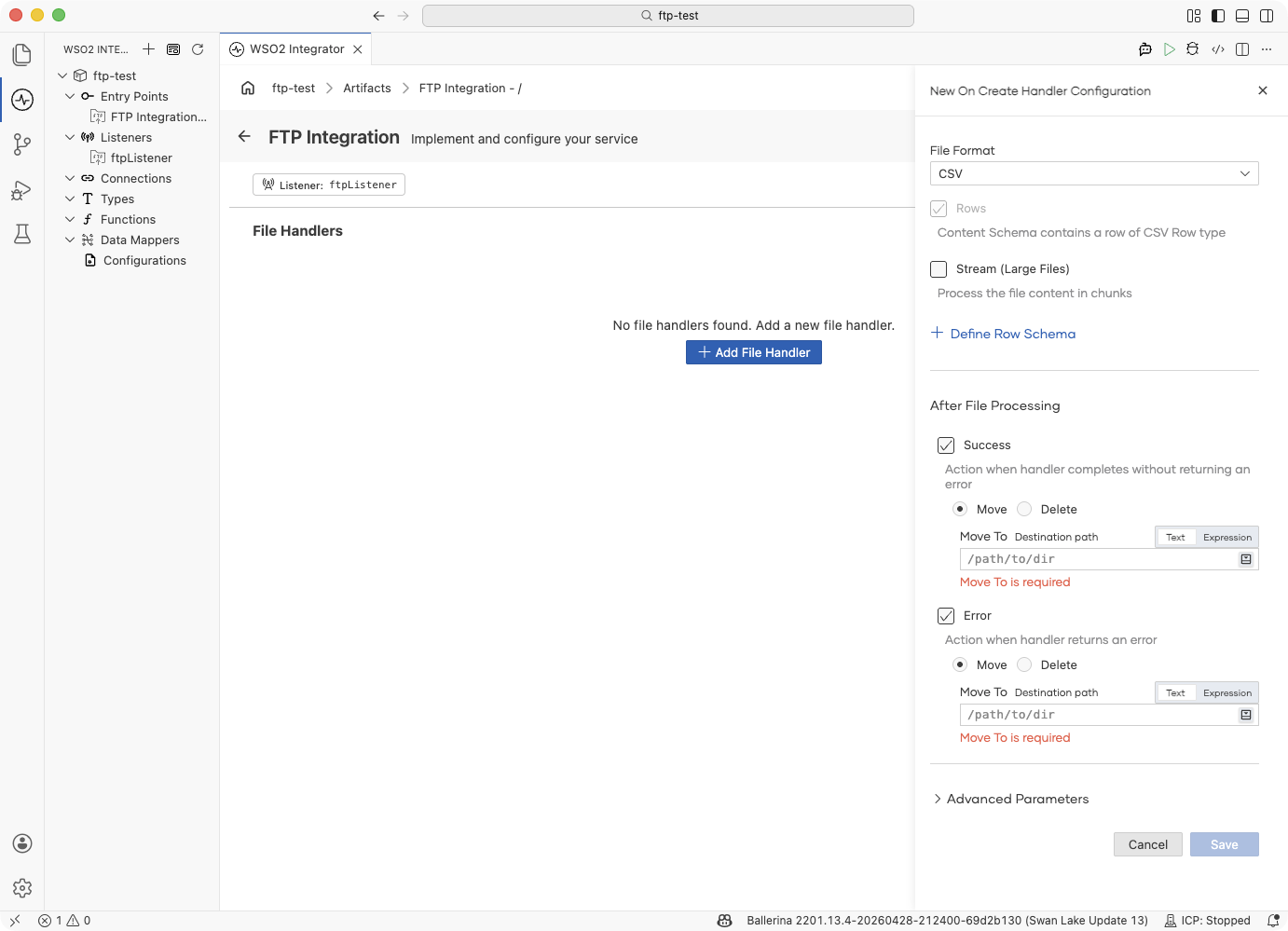 File handler configuration panel