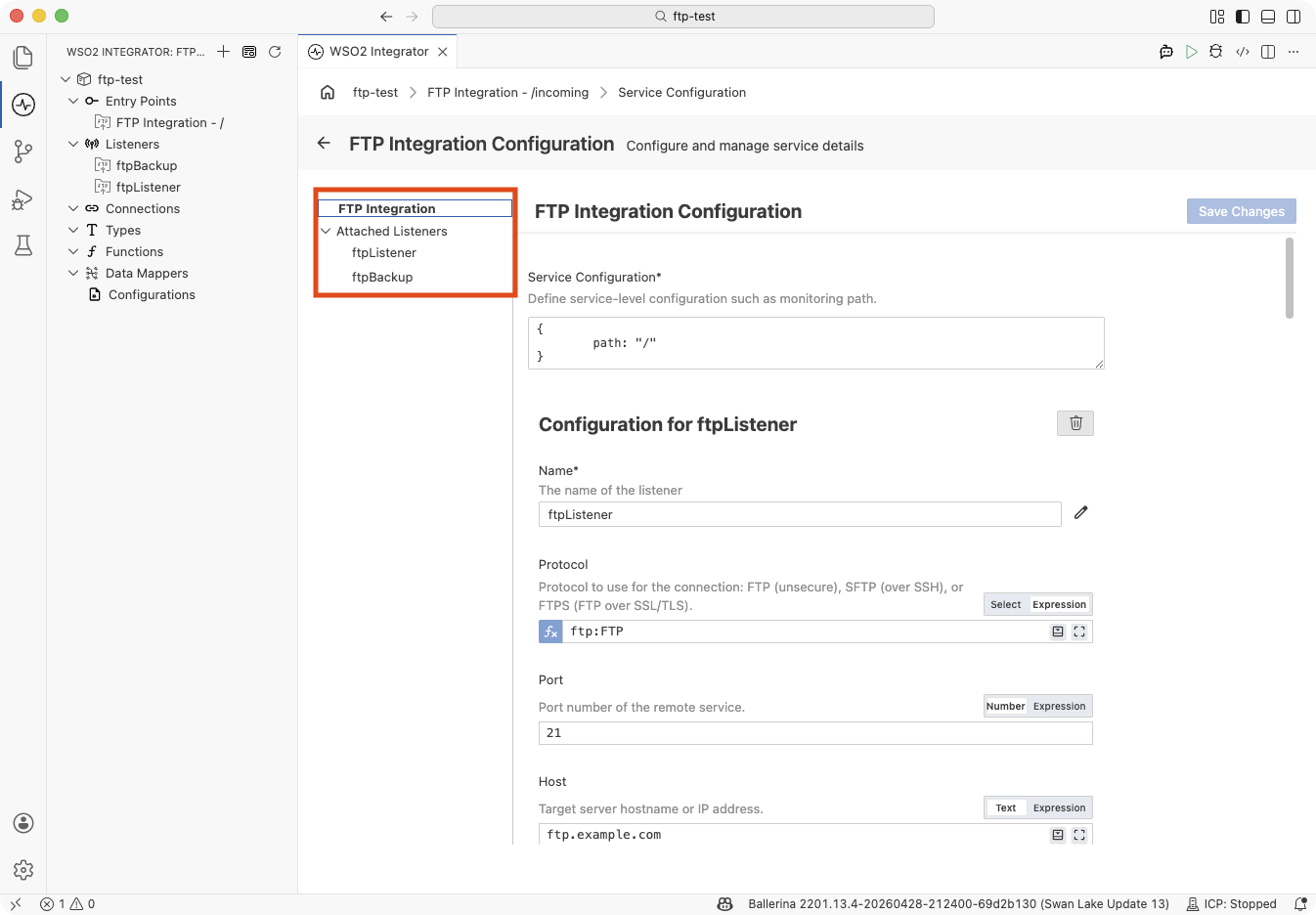 Service Configuration panel showing two listeners attached to a single service