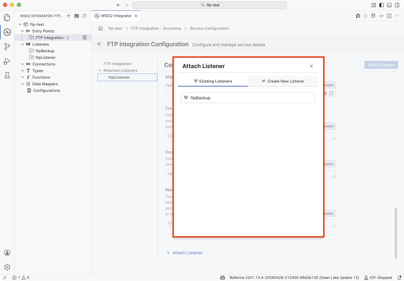 Attach Listener side panel with the Existing Listeners tab