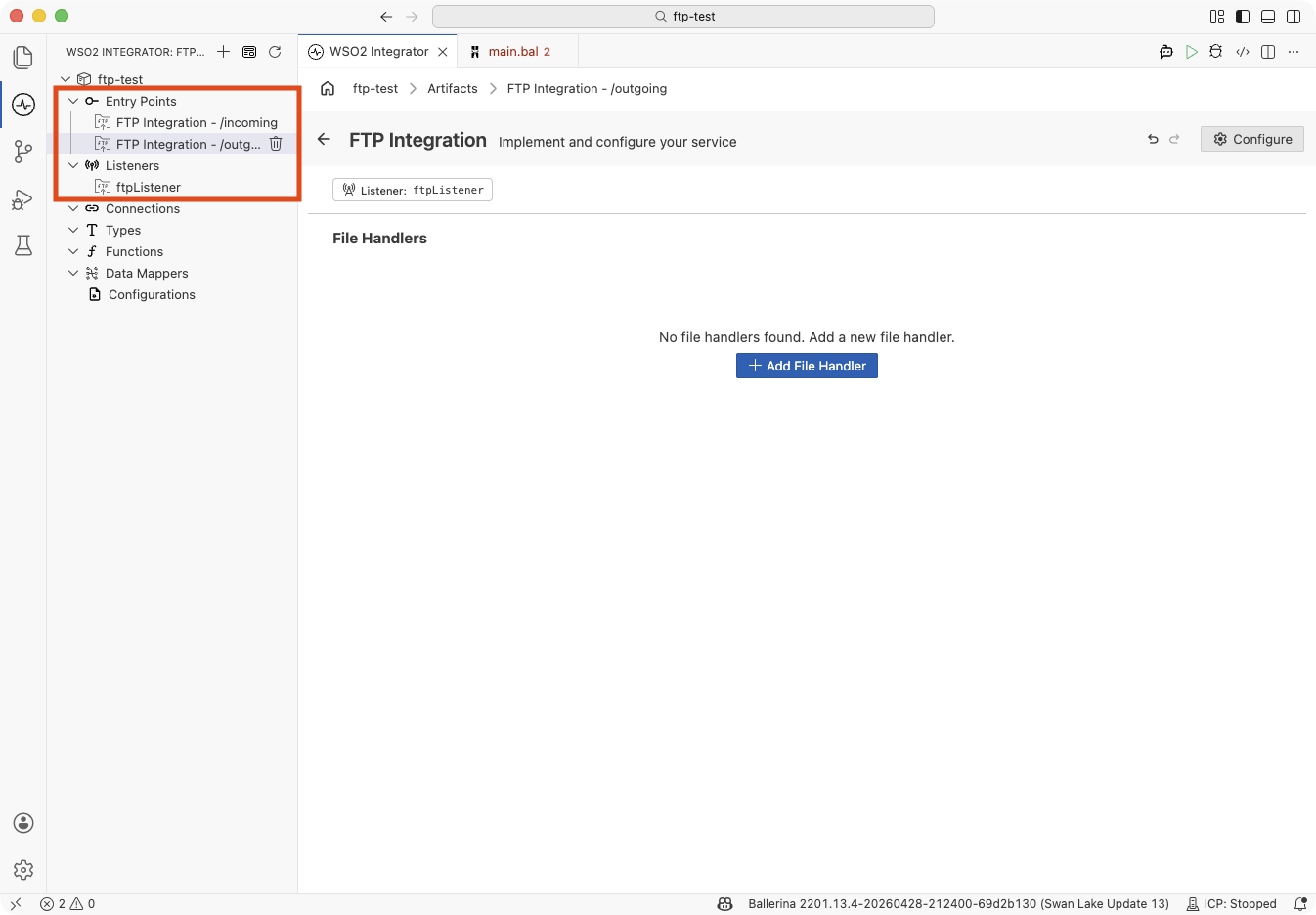 Project tree showing two services under Entry Points sharing one listener